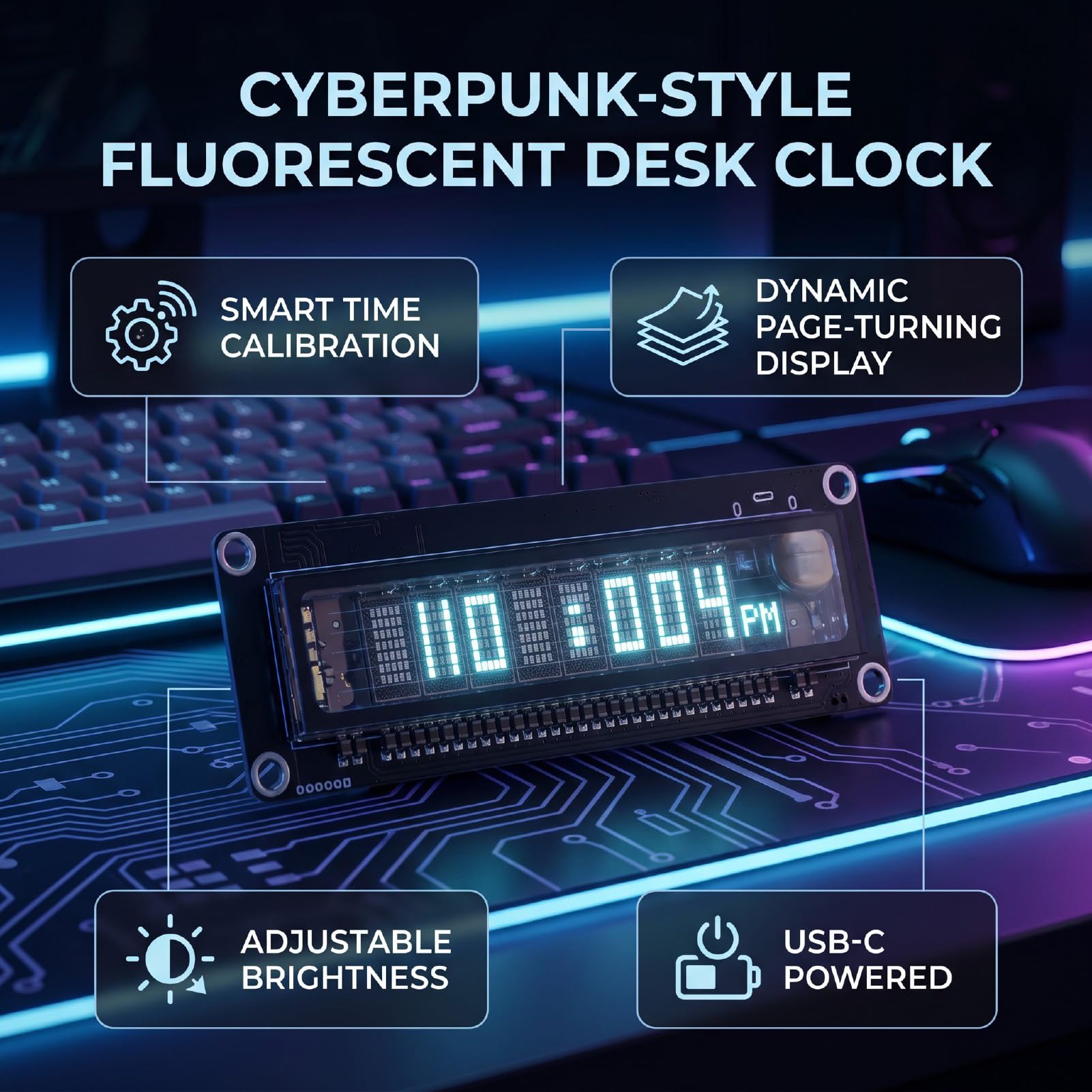 Naroote Despertador con Pantalla, Pequeño Reloj de Sobremesa con Pantalla Fluorescente, Calibración Inteligente de la Hora, Brillo Ajustable, para el Dormitorio, la Oficina