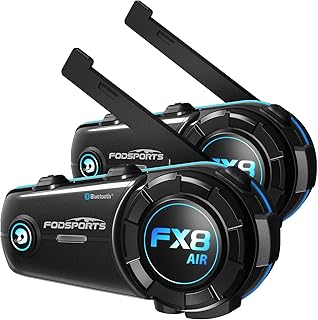 FODSPORTS FX8 AIR Motorcycle Bluetooth Headset - 3 Sound Effects, Antenna Design, Battery Reminder, FM Radio, 2 Rider Motorbike Communication Systems, Dual Pack