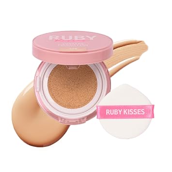 Ruby Kisses Cushion Foundation, Full Coverage Korean Makeup, Lightweight & Long Lasting, All Day Natural Glowy Finish for All Skin Types with Hyaluronic Acid & Bakuchiol Natural Beige, 0.52 Ounce