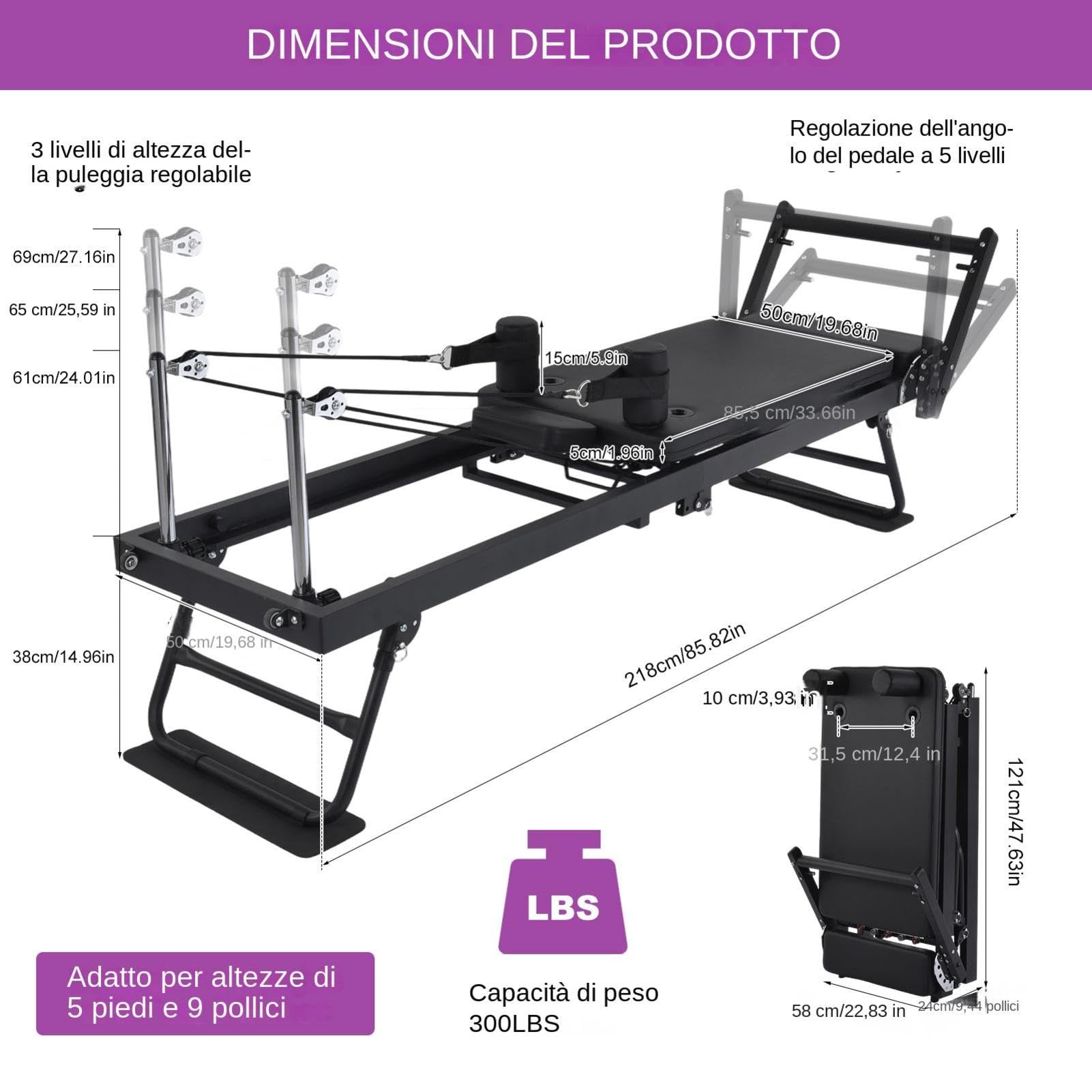 Nuovo modello di Reformer Pilates pieghevole, con 11 livelli di resistenza e carrucole, portata massima fino a 136 kg, ideale per uso domestico e in palestra