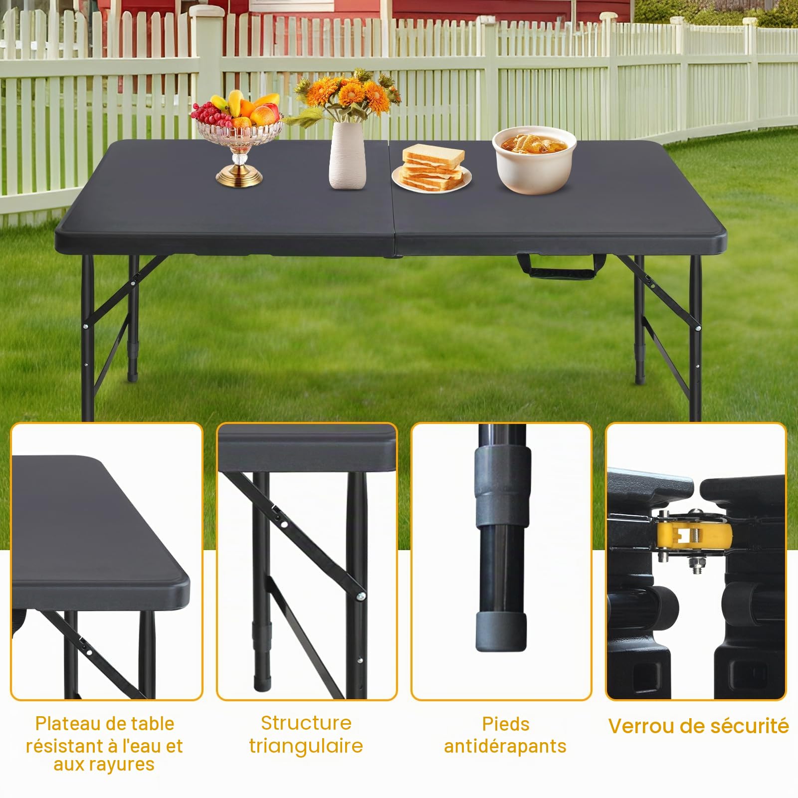 Table pliante 125 x 61 cm en plastique - Table de jardin pliante multifonction avec poignée pour barbecue, camping, fête - Noir