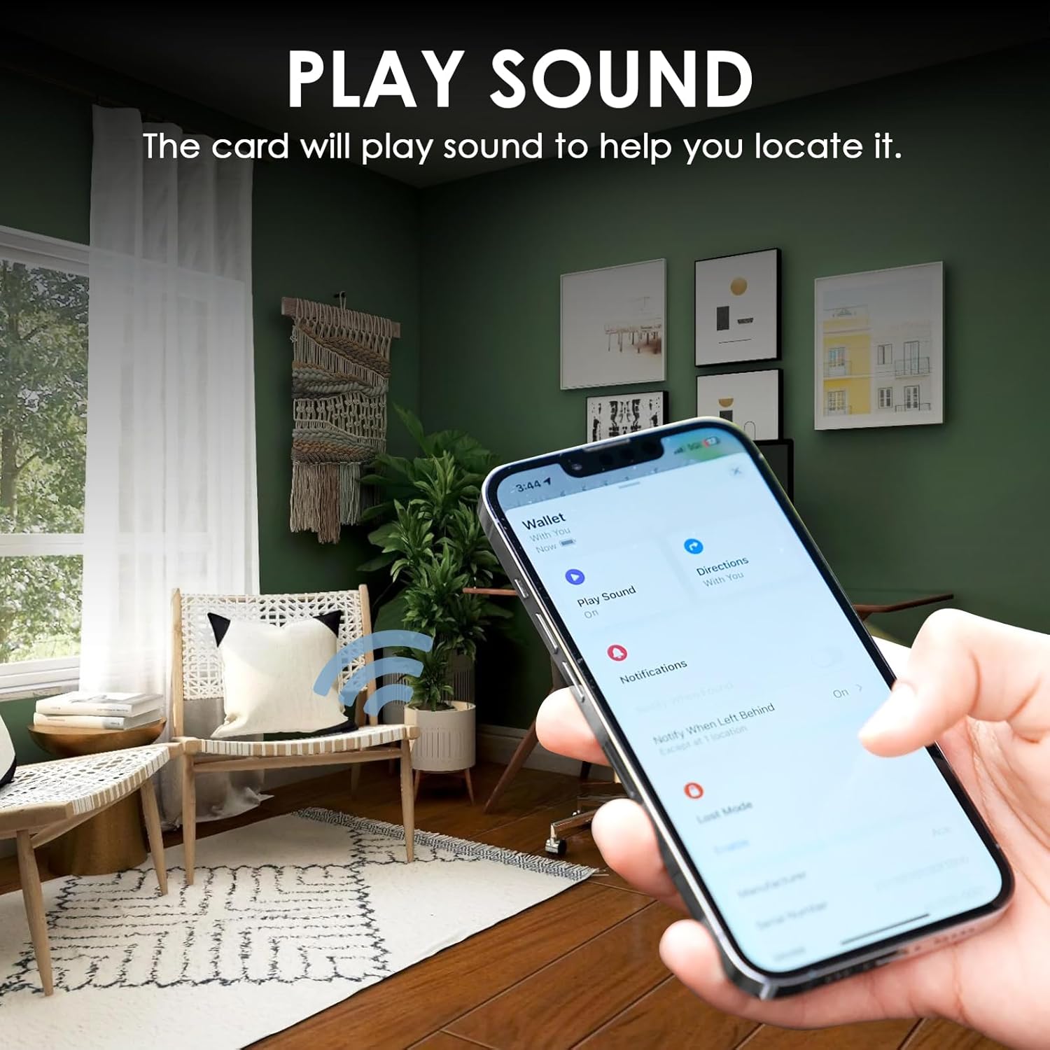 iPhone screen showing 'Play Sound' option in Find My app, with sound waves emanating from a tracker