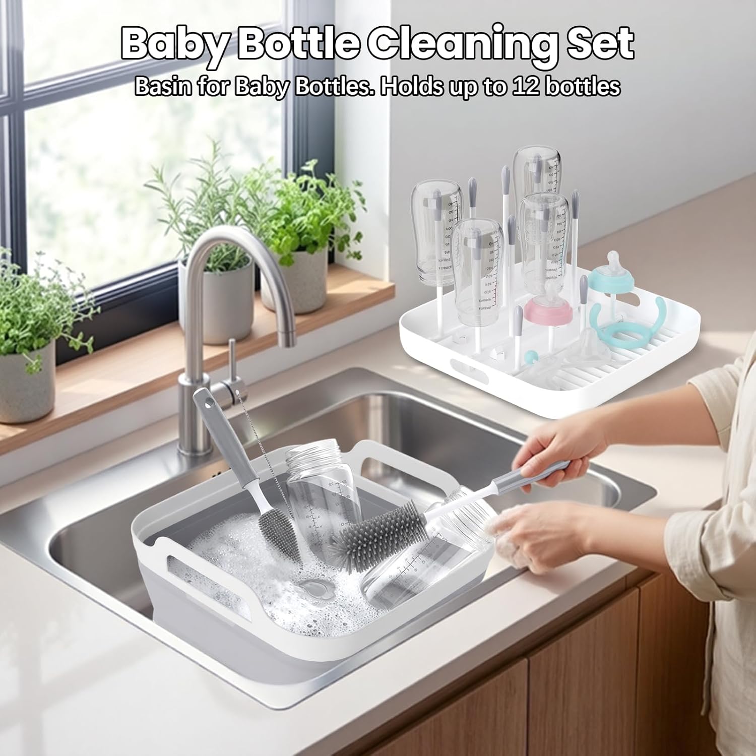 Collapsible Wash Basin for Baby Bottles - Portable 2.4 Gallon Dish Tub with Drying Rack & Lid, Foldable Sink for Camping, Outdoor Space-Saving Tub for Kitchen, RV, Camping, Outdoor Use