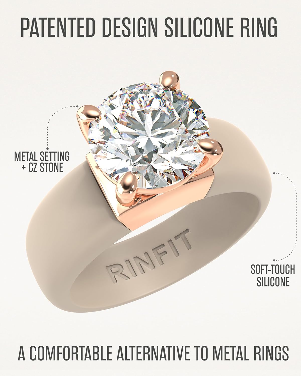 Rinfit Silicone Ring with Stone - Round Cut Cubic Zirconia Solitaire Ring for Women - Rubber Wedding Bands - Patented Design - Image 5