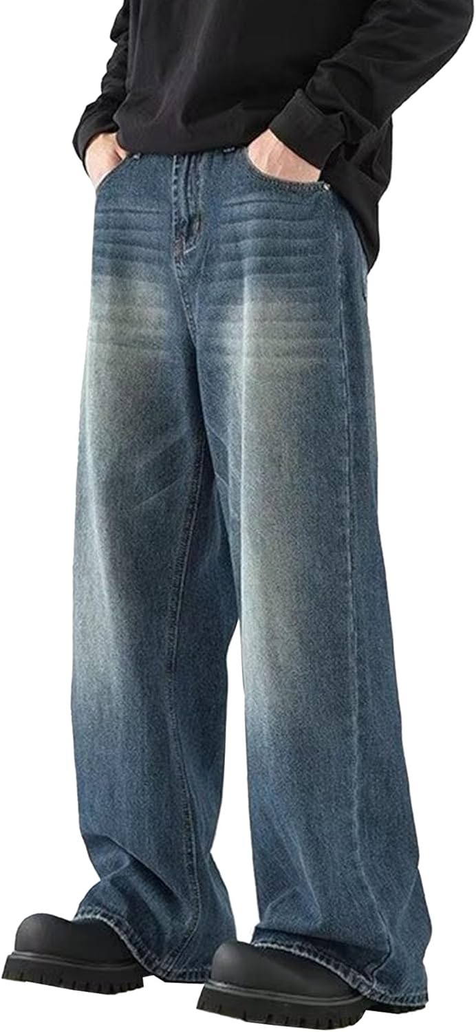 DGHM-JLMY Men's Straight Wide-Legged Jeans Trousers Mid Waisted Fashion Casual Denim Pants Loose Comfortable Jeans