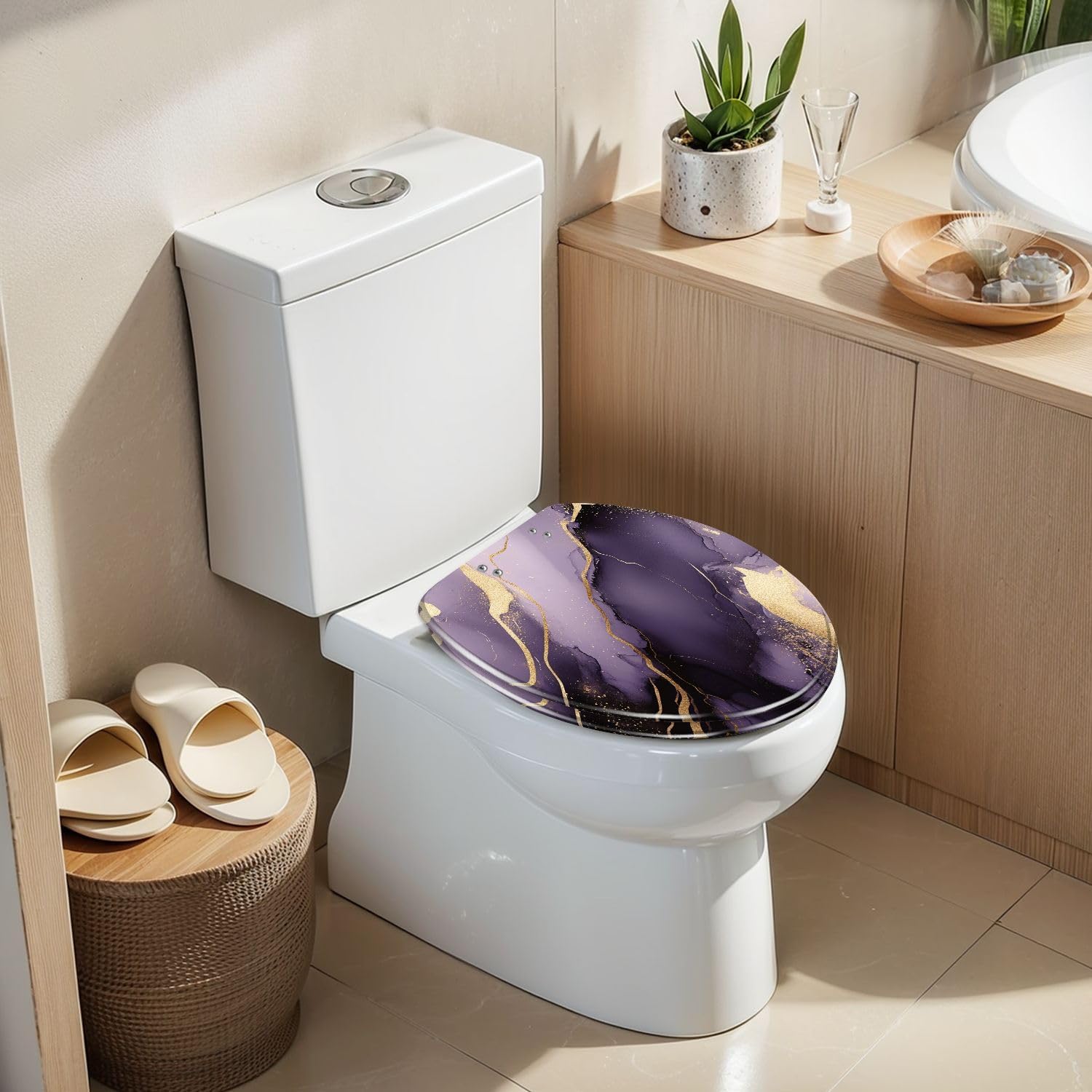 Elongated Toilet Seat Purple marble gold stripes alcohol ink Luxury violet black watercolor Resin Toilet Seat Slow Quiet Close Lid with Quick-Release Hinges Cover Bumpers Easy to Clean Install