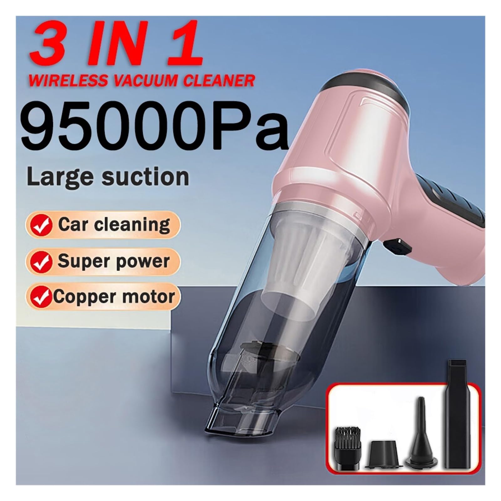 Aspirador De Coche Rosa 95000PA, Limpiador Portátil Inalámbrico Mano For Electrodomésticos, Máquina Limpieza Potente Limpieza Fácil Rápida Diversos Escenarios(95000PA Set 1)