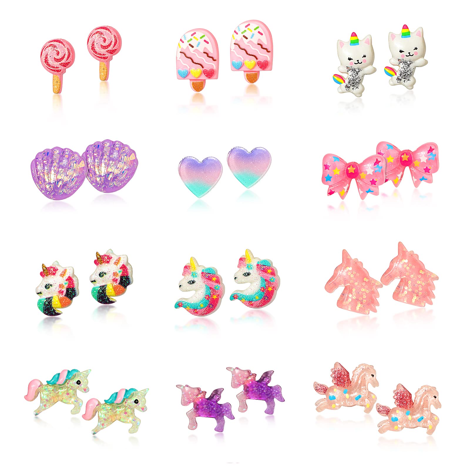 HIFOT 12 Paia Orecchini Clip per Razazza, Carini Unicorno Orecchini senza buco design Principessa Giocare a Orecchini Set Gioielli Vestire Accessori per Bambini