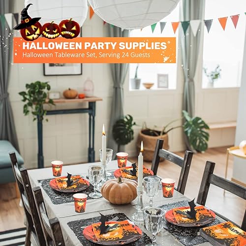 Miniatura 3 de Juego de vajilla de suministros para fiesta de Halloween para 24 invitados, 96 platos y servilletas de Halloween, vasos, juego de vajilla desechable