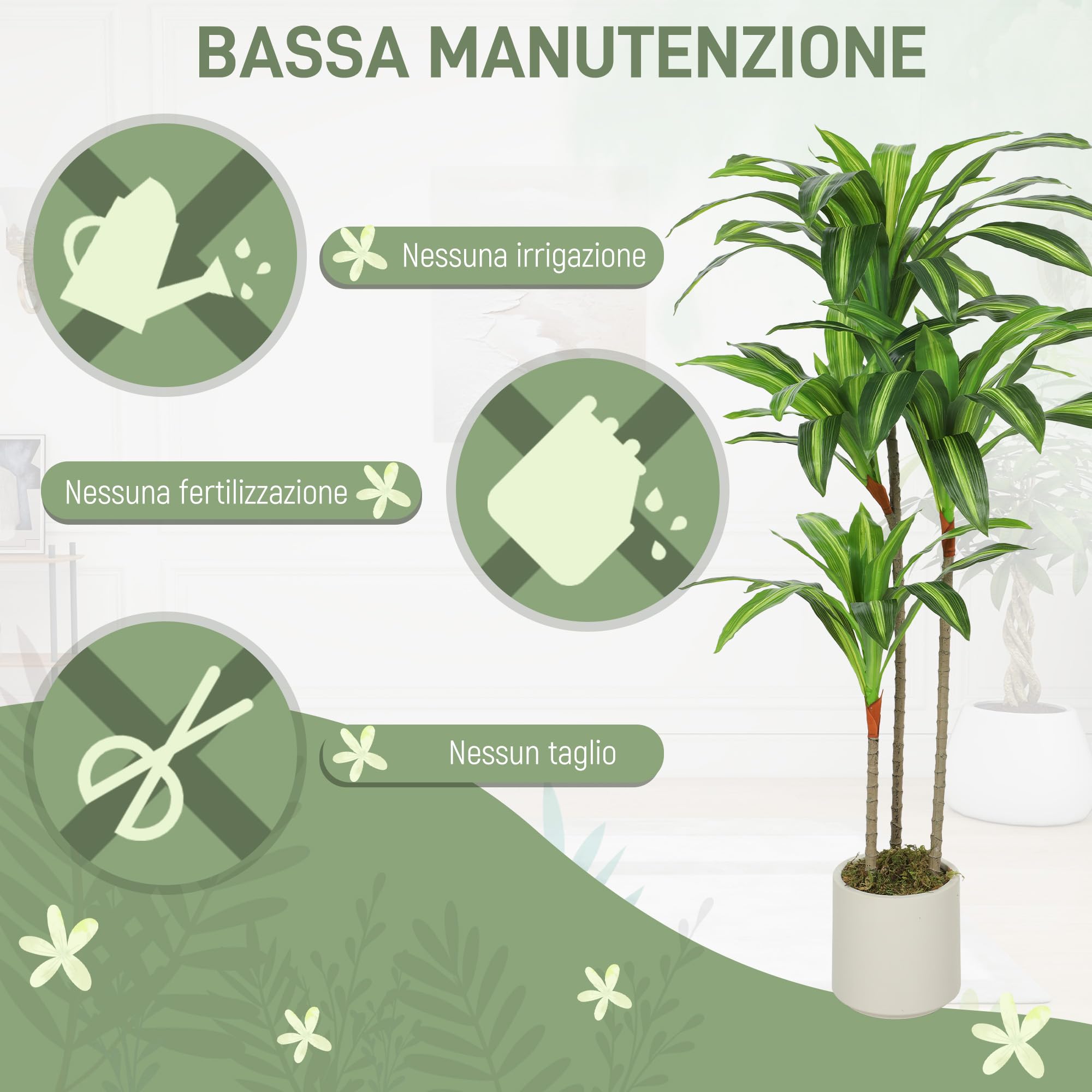 HOMCOM Pianta Artificiale di Dracena Rami Orientabili 60x40x120 cm | Vaso Contenitore Bianco in PP e Cemento, Pianta Verde PEVA e Legno, per Interno, Esterno, Ufficio