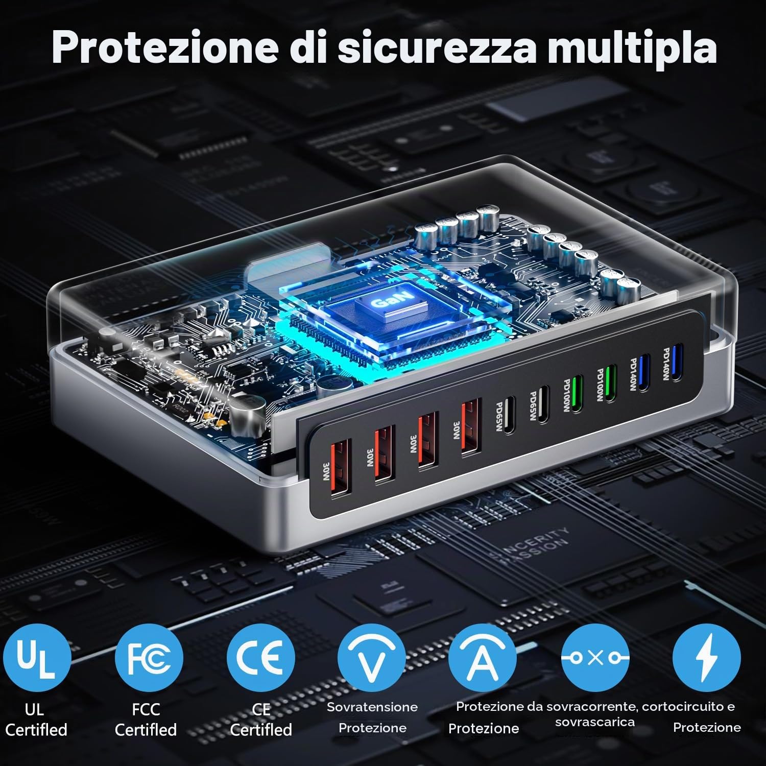 GaN - Caricatore USB C multiplo, 730 W, 10 porte, per laptop, telefoni cellulari, tablet, stazione di ricarica rapida con 6 porte USB C + 4 porte USB A, alimentatore PD