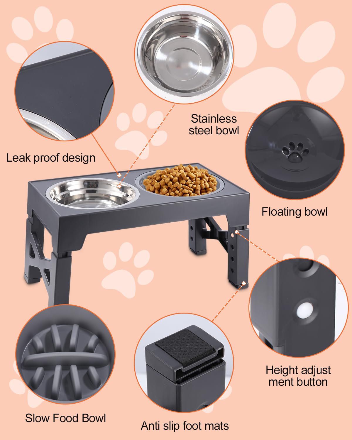 TIDEVAN Ciotole Rialzate per Cani Ciotola per Cani Rialzata Ciotole Regolabili in Altezza 4 Supporti Altezza con Ciotola per Alimentazione Lenta e Ciotola Galleggiante e Acciaio Inossidabile (Grigio)