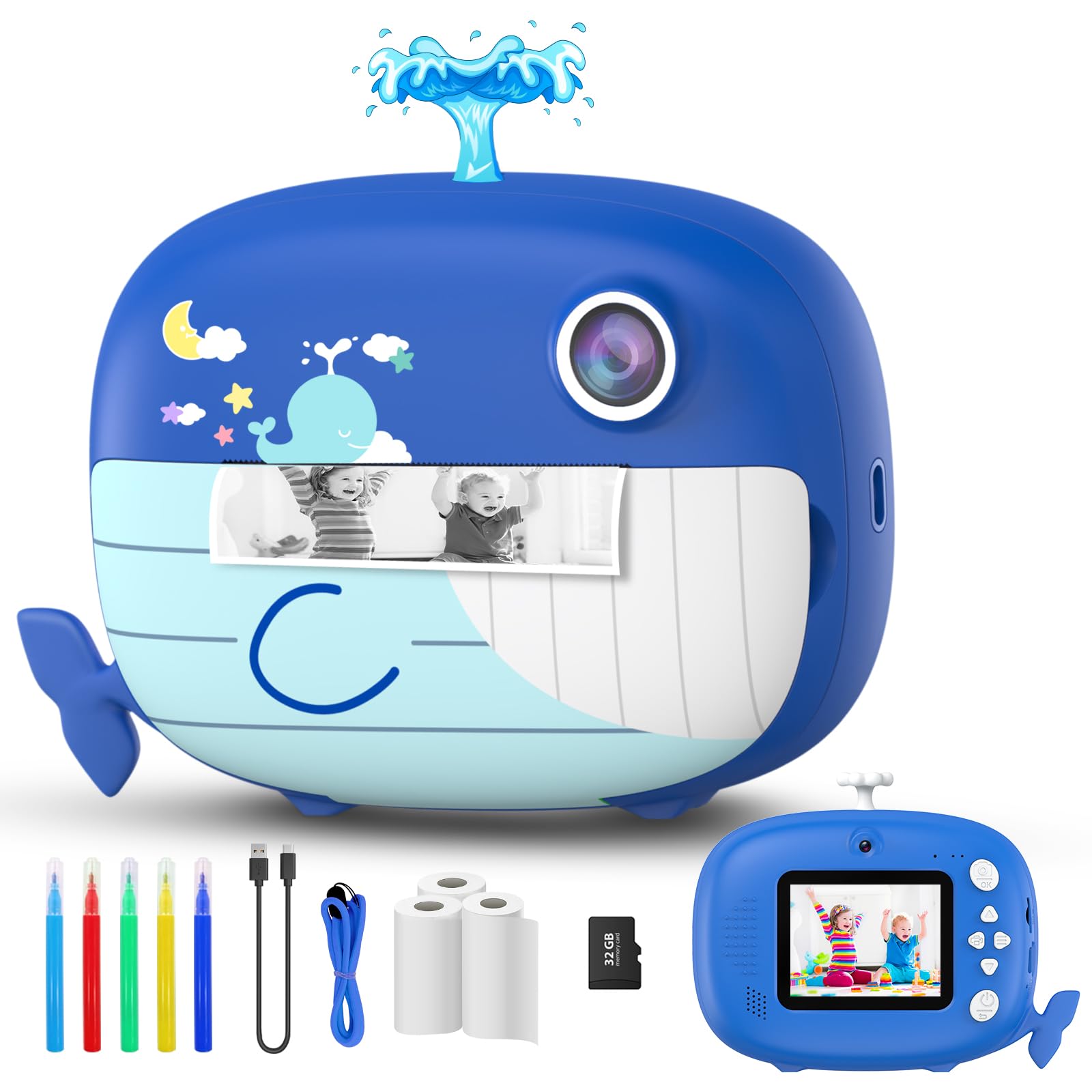 USHININGKids Digital Camera Dual Lens,Kids Camera Instant Print 2.0" IPS Screen,1080P Video Camcorder with Print Paper DIY | Color Pens | 32G T Card | Boys & Girls Birthday, Festival Gifts (DarkBlue)