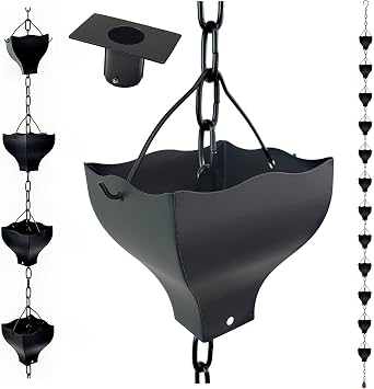 8.5FT Black Tulip Iron Rain Chains for Gutter and Rain Barrel, Replacement for Downspout, Rust-Resistant Plated Garden Decor Rain Chain, Bonus Rain Chain Gutter Adapter, Earrings for House