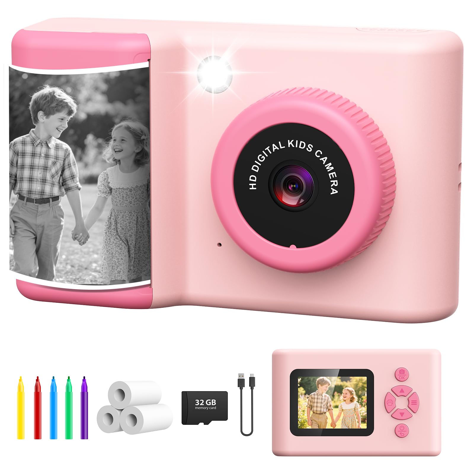 Macchina Fotografica Bambini Istantanea, 20MP 1080P Fotocamera Digitale Bambini 2,4 Pollici Fotocamera Istantanea con 32GB Scheda, Carta da Stampa, Flash LED, Regalo per Bambina e Bambino 3-12 Anni
