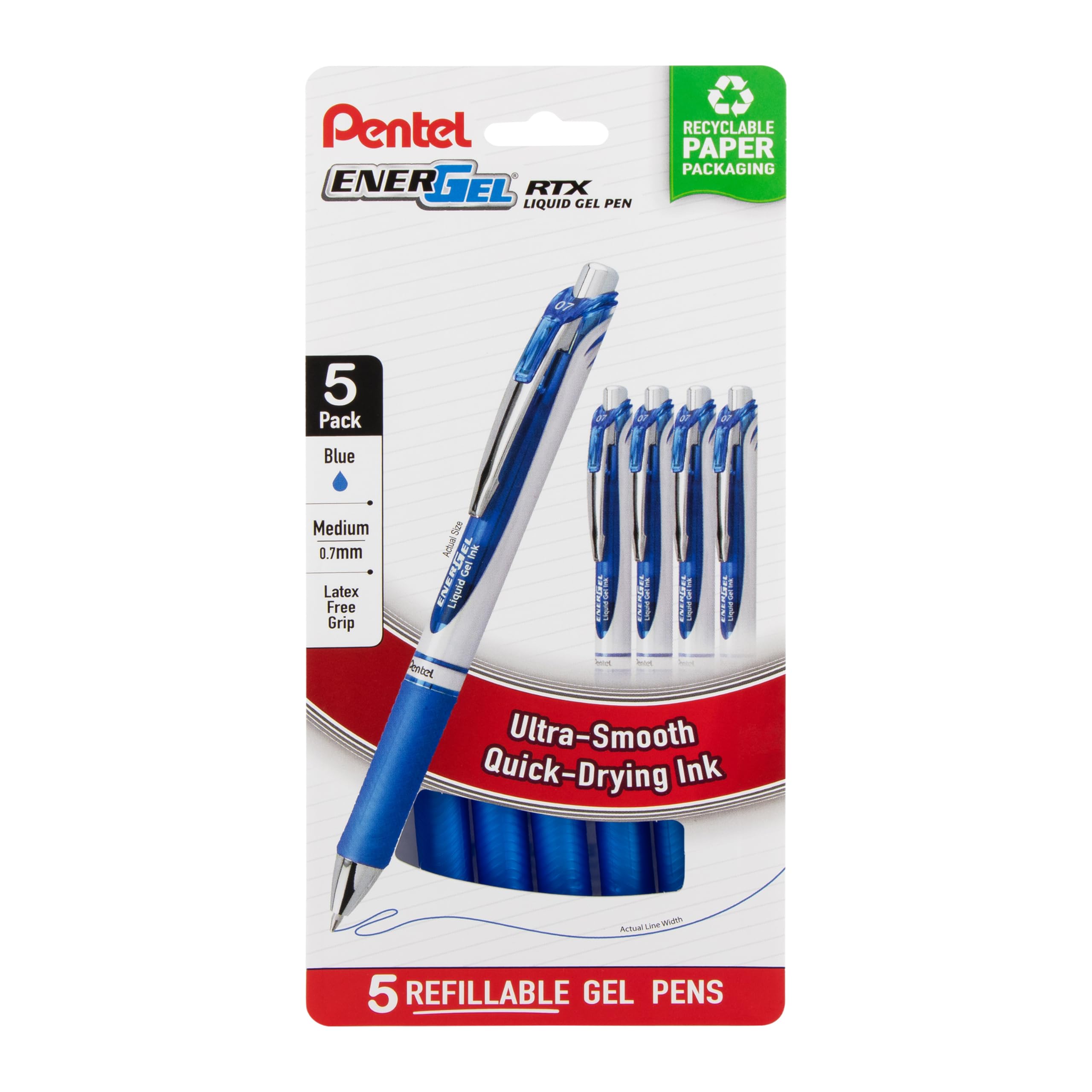 Pentel EnerGel RTX Retractable Liquid Gel Pen 0 7mm Metal Tip Medium Line Blue Ink Plastic-Free Packaging 5