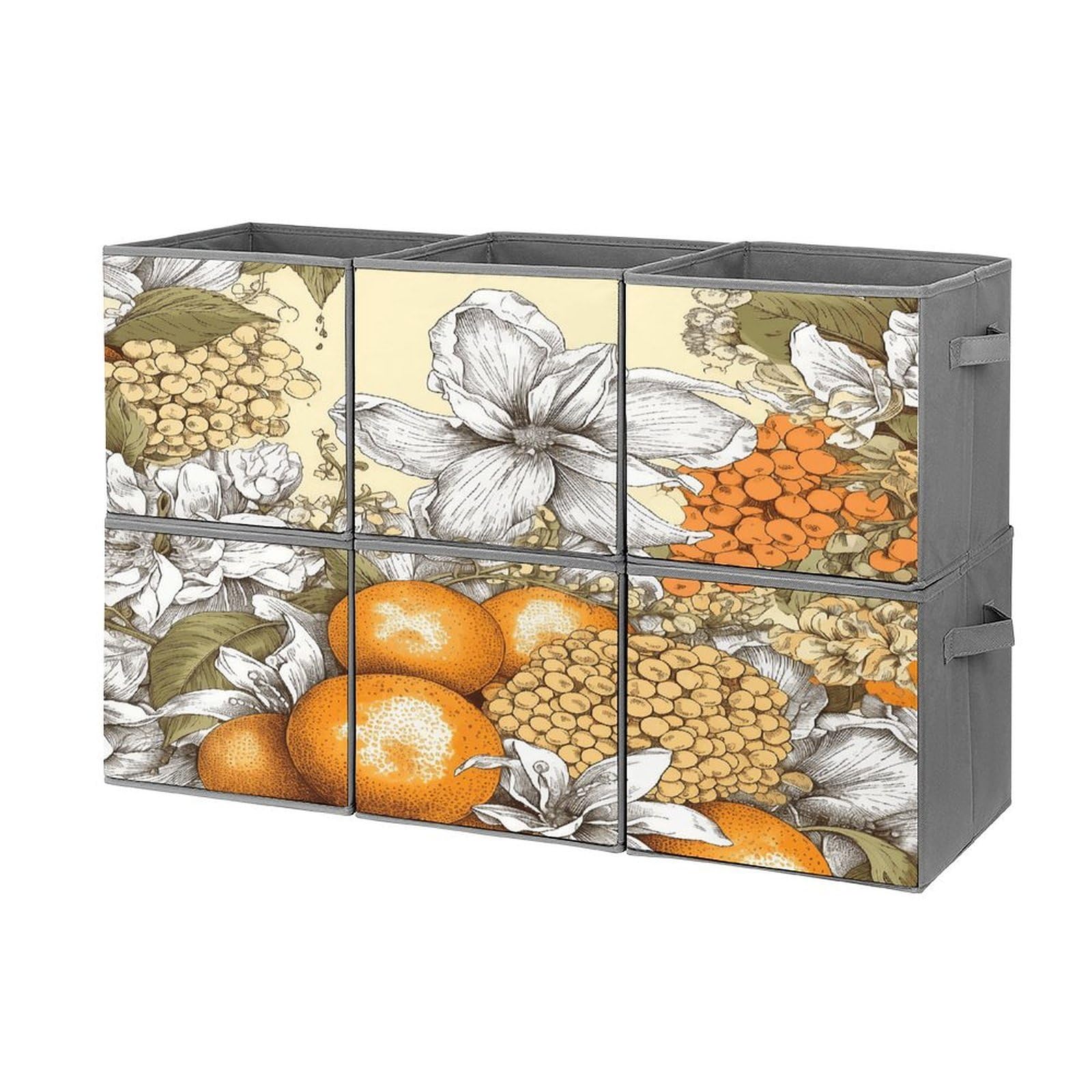 Fekiloot Style Fresh Fruit Flowers Storage Bin For Foldable And Handles,Closet Organizer Of 6-Pack Stackable,Storage Box For Living,Room, Office,Bedroom,Closet