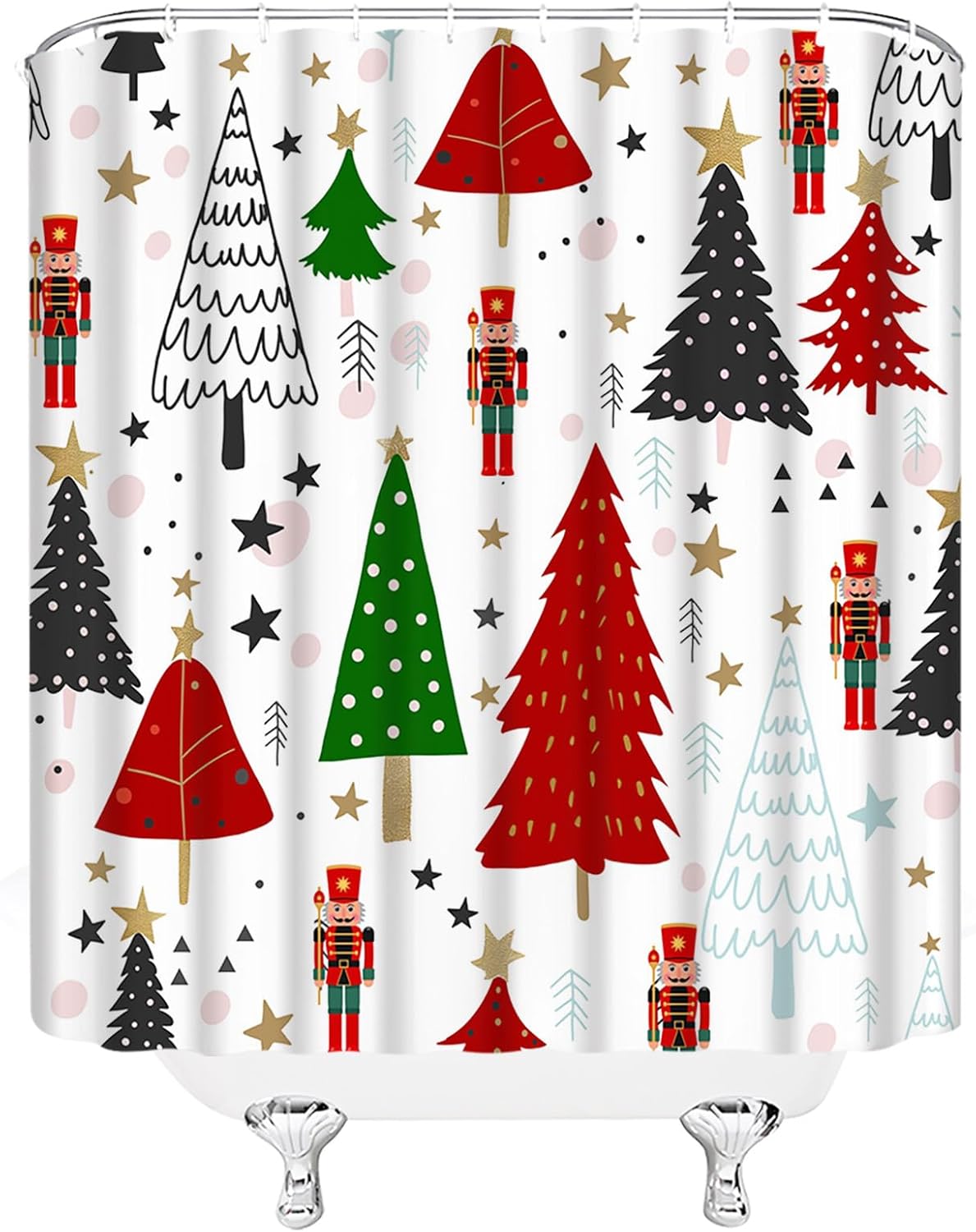 Christmas Tree Shower Curtain Red Green Pine Tree Star Winter Holiday Festival Rustic Farmhouse Teens Extra Long Bathroom Decor Curtain with Hooks,70" Wx84 H