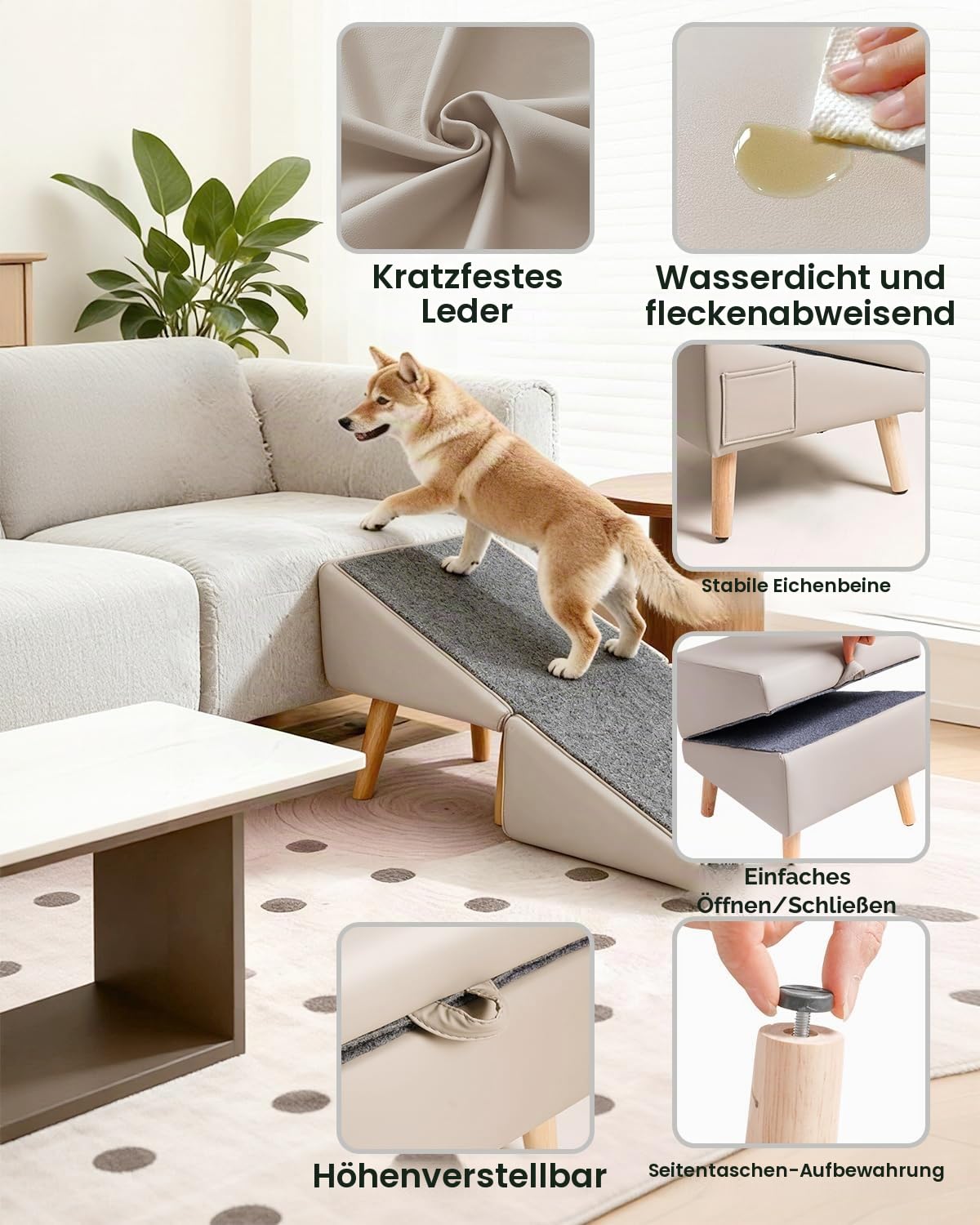 Hunderampe für Sofa & Bett, 40 cm 2-in-1 Hundetreppe für Klein, Hunde | Hundetreppe für Bett, Indoor-Tier-rampe mit 23°sanfter Neigung, Gelenkschonung für Senioren verletzte Haustiere, Ottoman-Stil