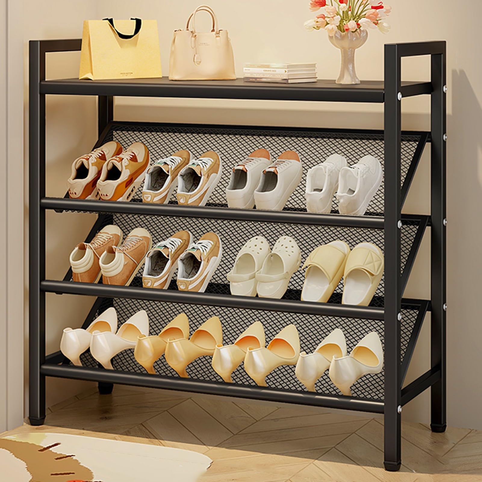 Étagère à chaussures verticale compacte en bois pour entrée étroite