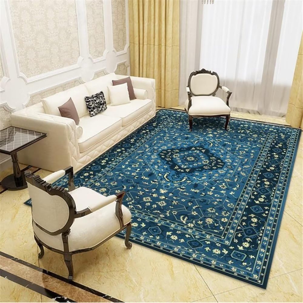 Tapis de salon bleu foncé grand tapis chambre 160x230cm durable motif floral lavable