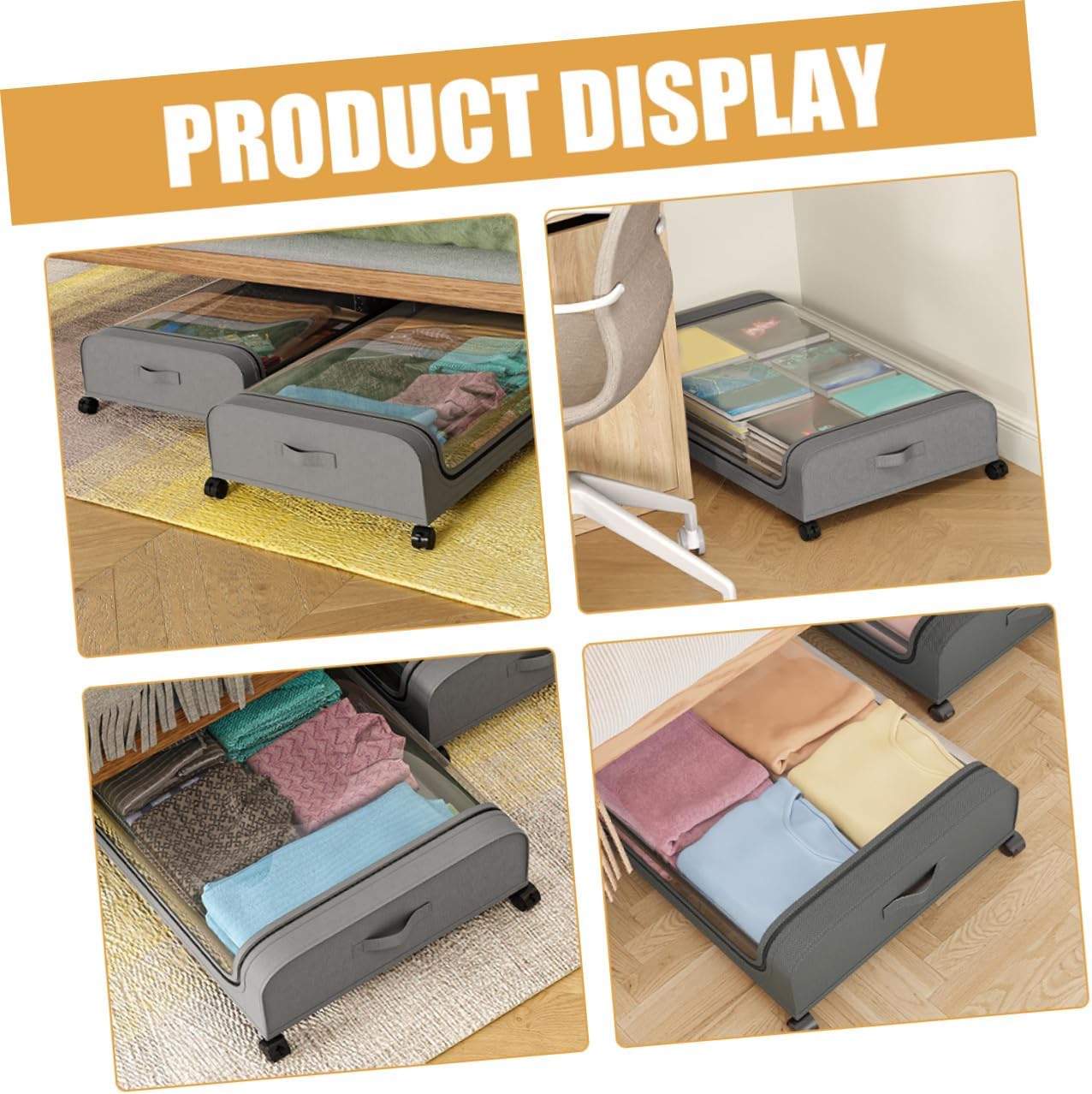 Under Bed Clothes Storage Box with Wheels Large Capacity Lidded Organizer Bin for Quilts Blankets Bedding Gray Transparent Cover