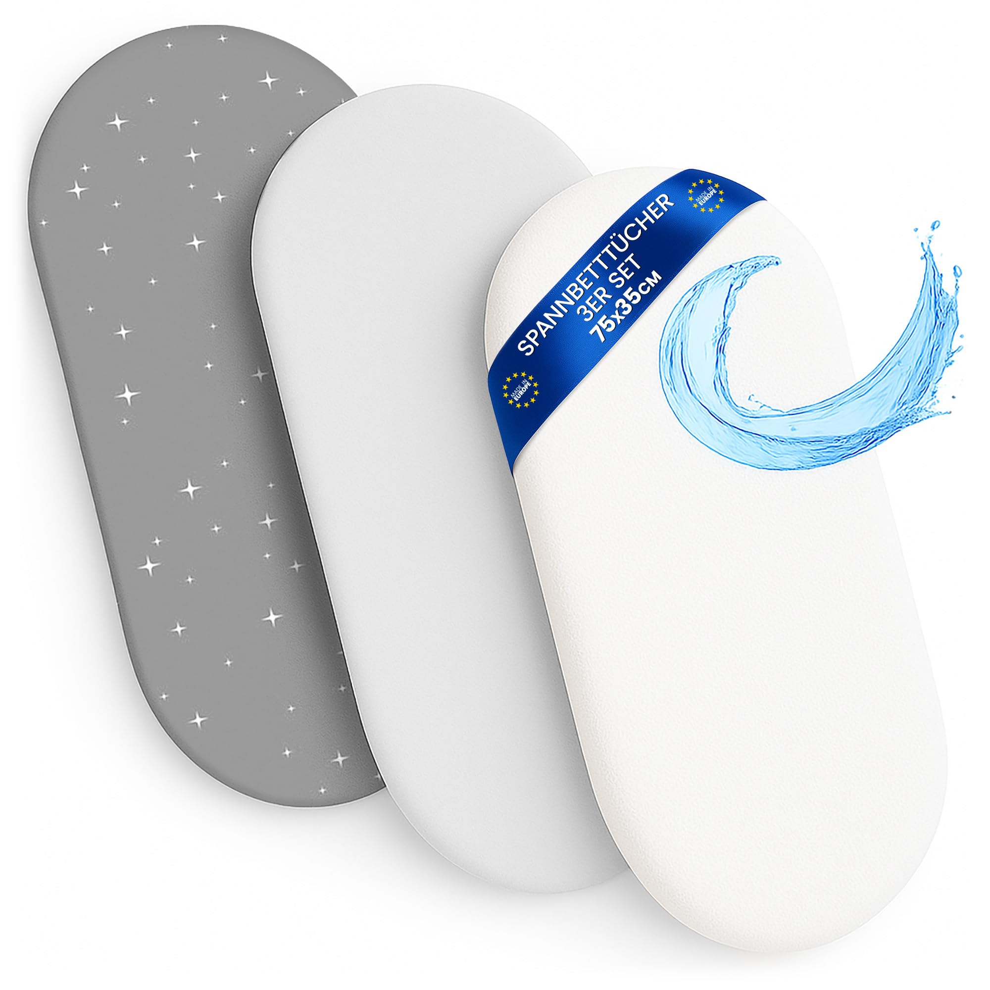 Lenzuola con angoli per passeggino: Set di 3: 75 x 35 cm - 2 lenzuola + 1 coprimaterasso impermeabile - Accessori per lettino per culla co-sleeping carrozzina Galassia