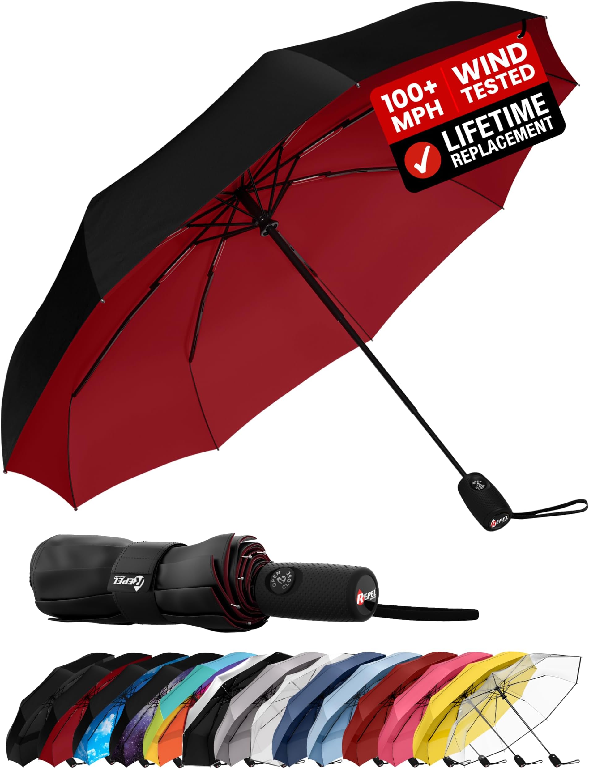 Repel Golf Umbrella with Triple Layered Reinforced Fiberglass Ribs Adorned in Red Paint, 60" Vented Double Canopy with Teflon Coating, Auto Open