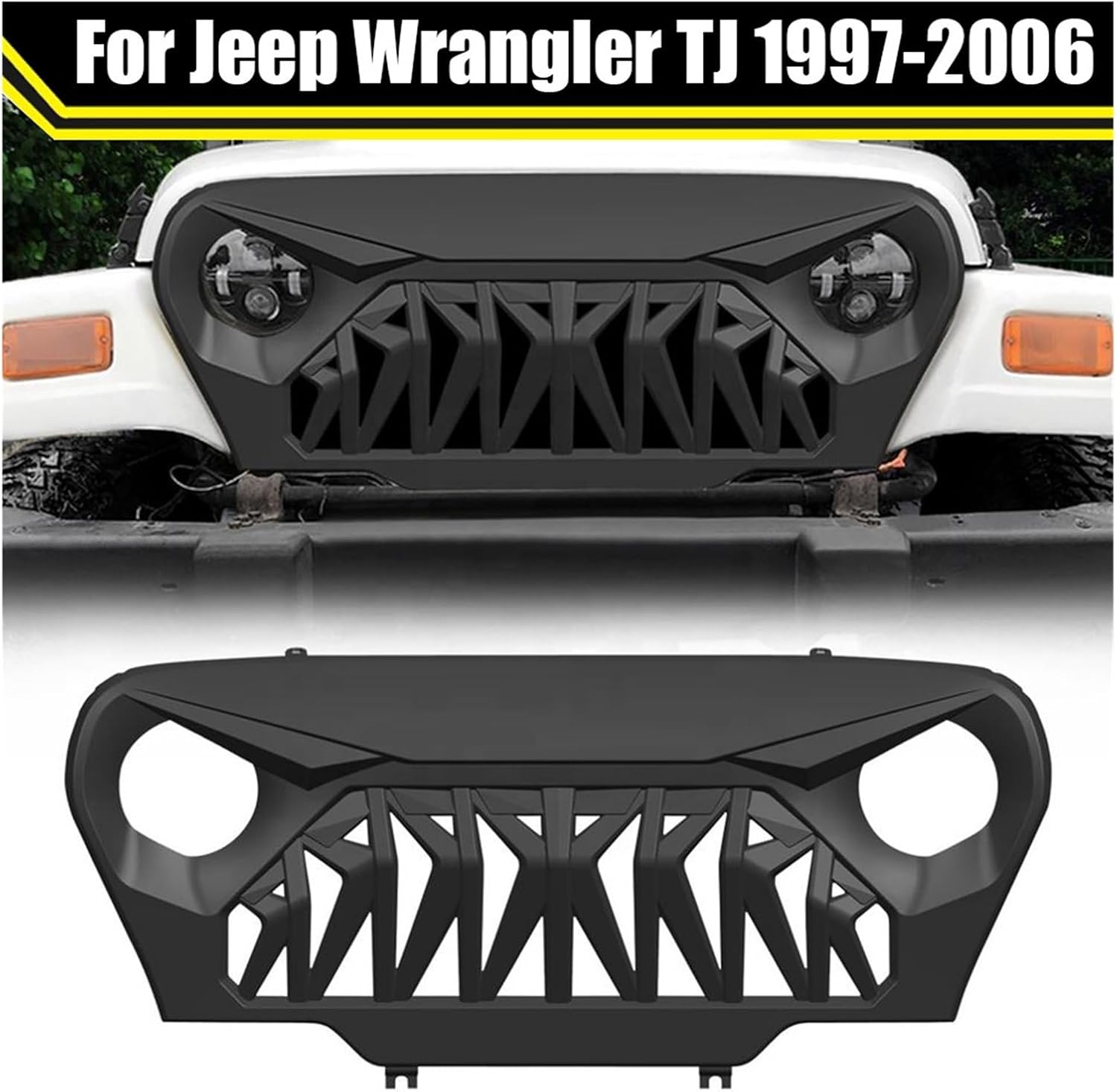 Front Bumper Grille Racing Grill Upper Guard Grid Compatible for Jeep Wrangler TJ 1997-2006 ABS Matte Black Shark Grille Accessories