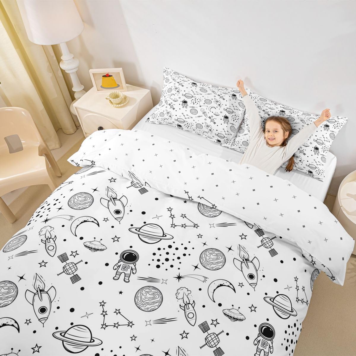 Kids Astronaut Rocket Duvet Cover Twin Boys Outer Space Adventure Galaxy Bedding Set - Soft Universe Cosmonaut Comforter Cover Set - Planet Space Ship Bedding