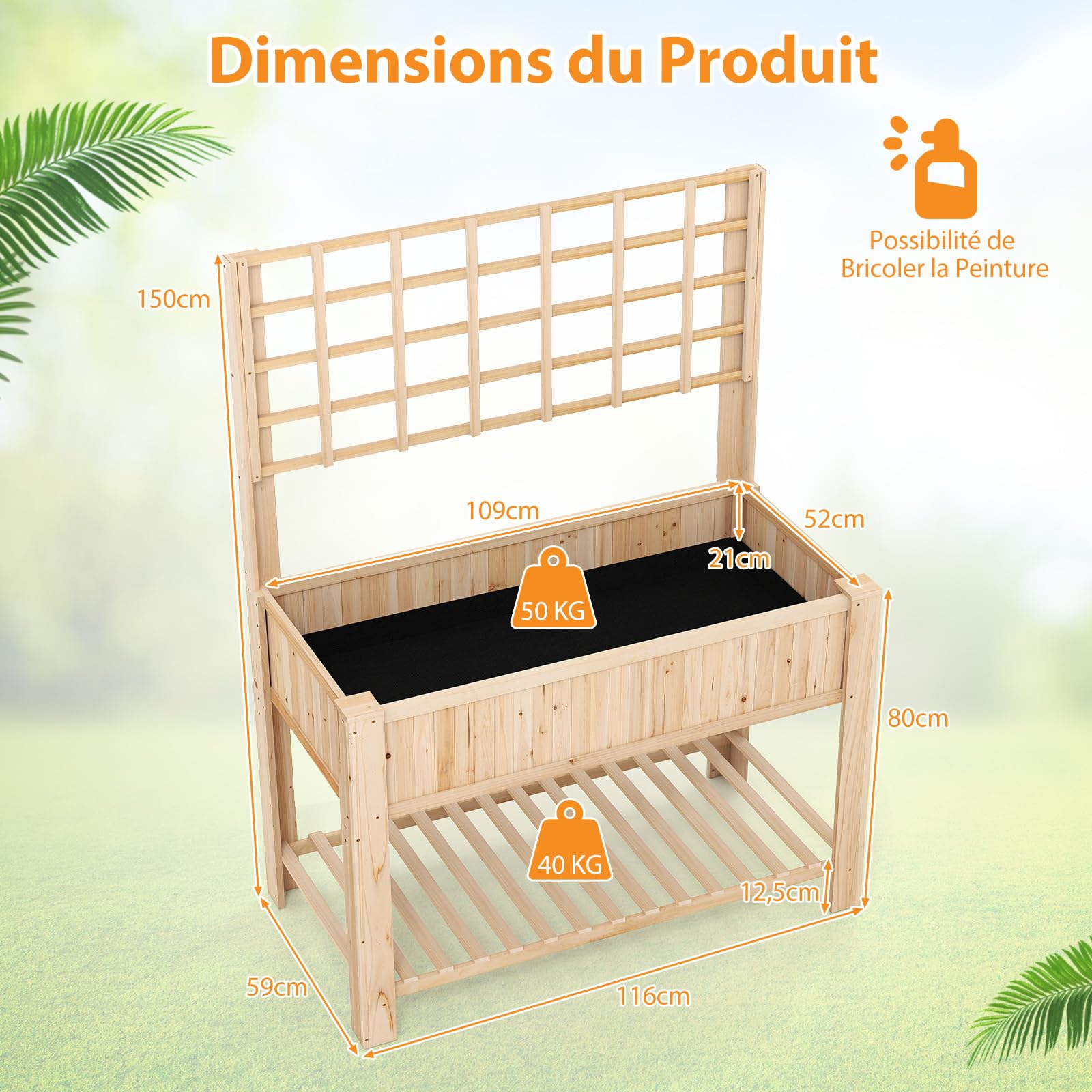 COSTWAY Jardinière Surélevée en Bois avec Treillis Métallique (Naturel)