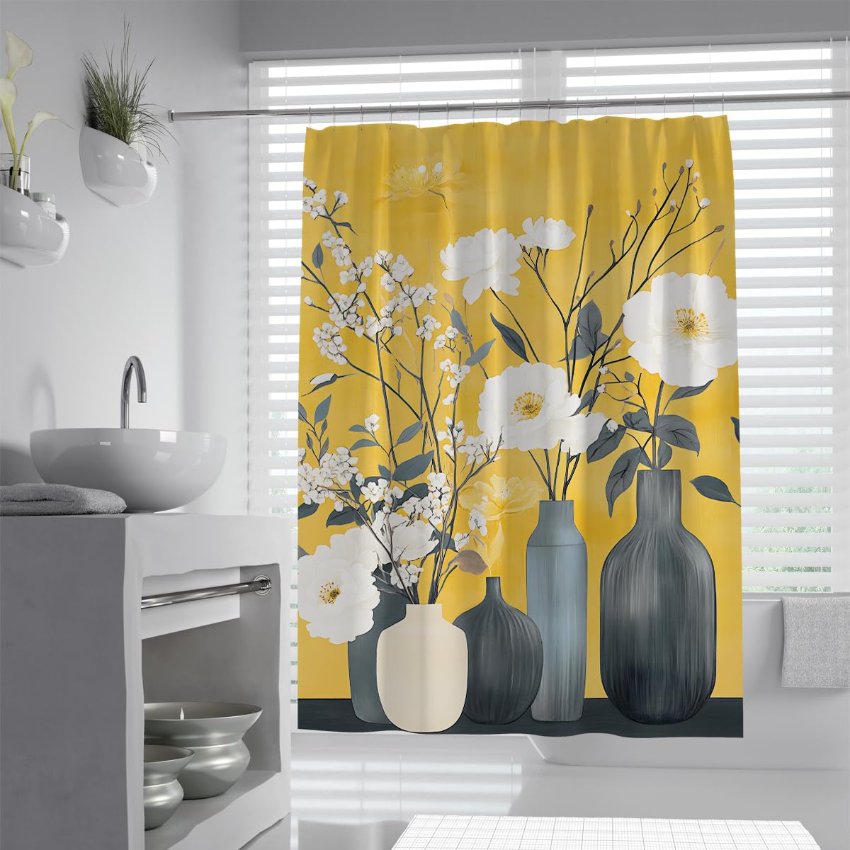 UIRINGART Yellow Mustard Floral Shower Curtain W200xL220cm White Rose Blossom Dark Vase Pattern Background Water Repellent Shower Screen With Hook For Bath Tub Home Hotel