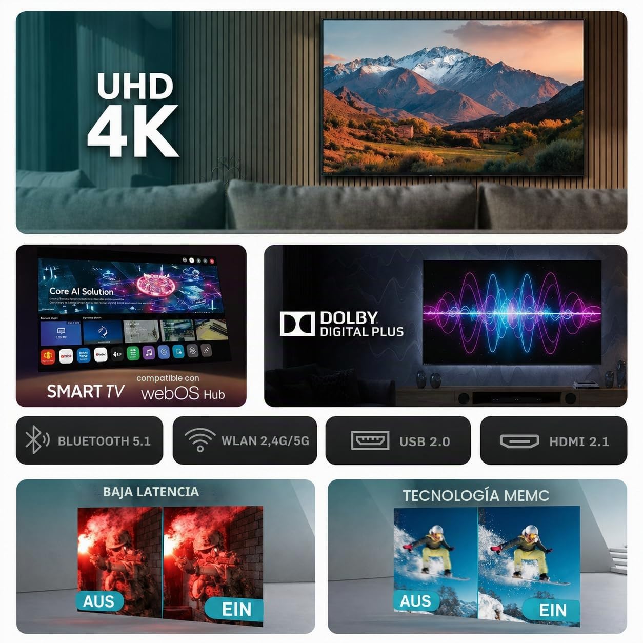Nilait Prisma 55UD7004ST 55" Smart TV 4K UHD, LED, WebOS, HDR, WiFi, Control por Voz, Televisor 55 Pulgadas Ultra HD