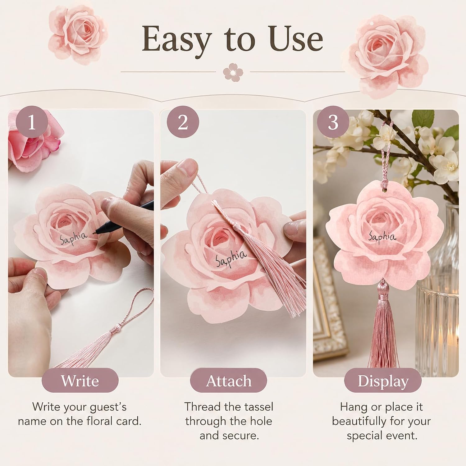 60 Pcs Wedding Place Cards with Tassels 3.94 x 3.94 Inch Watercolor 3D Rose Floral Design Blank Name Cards for Table Setting DIY for Bridal Shower, Banquet, Dinner Party, Baby Shower Decor