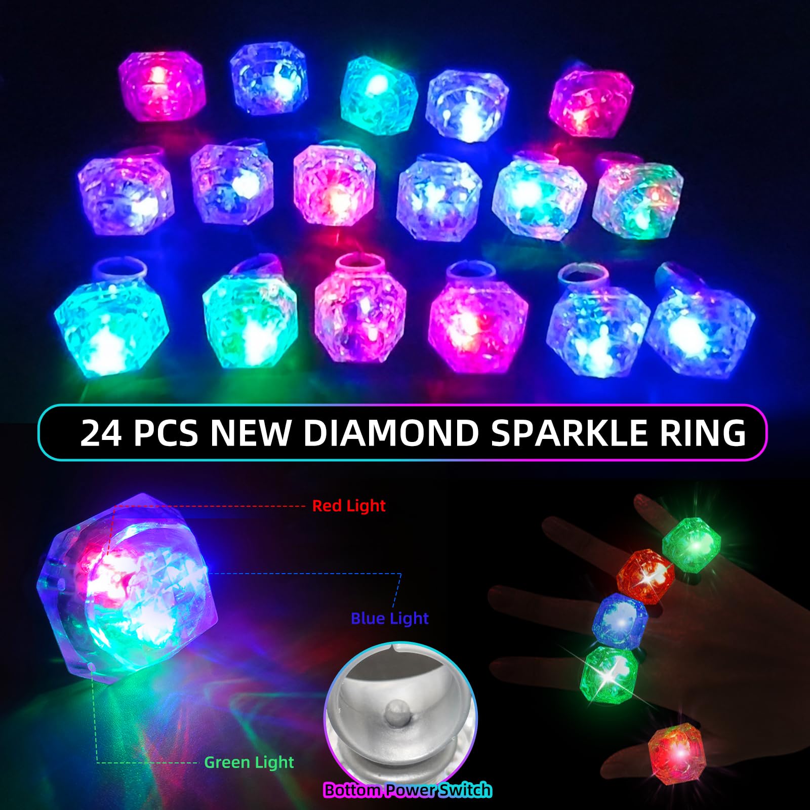 24 PCS Anillos Diamantes Luminosos LED Luces Juguetes Anillos de Dedos Brillantes para Fiestas Cumpleaños Boda Decoración