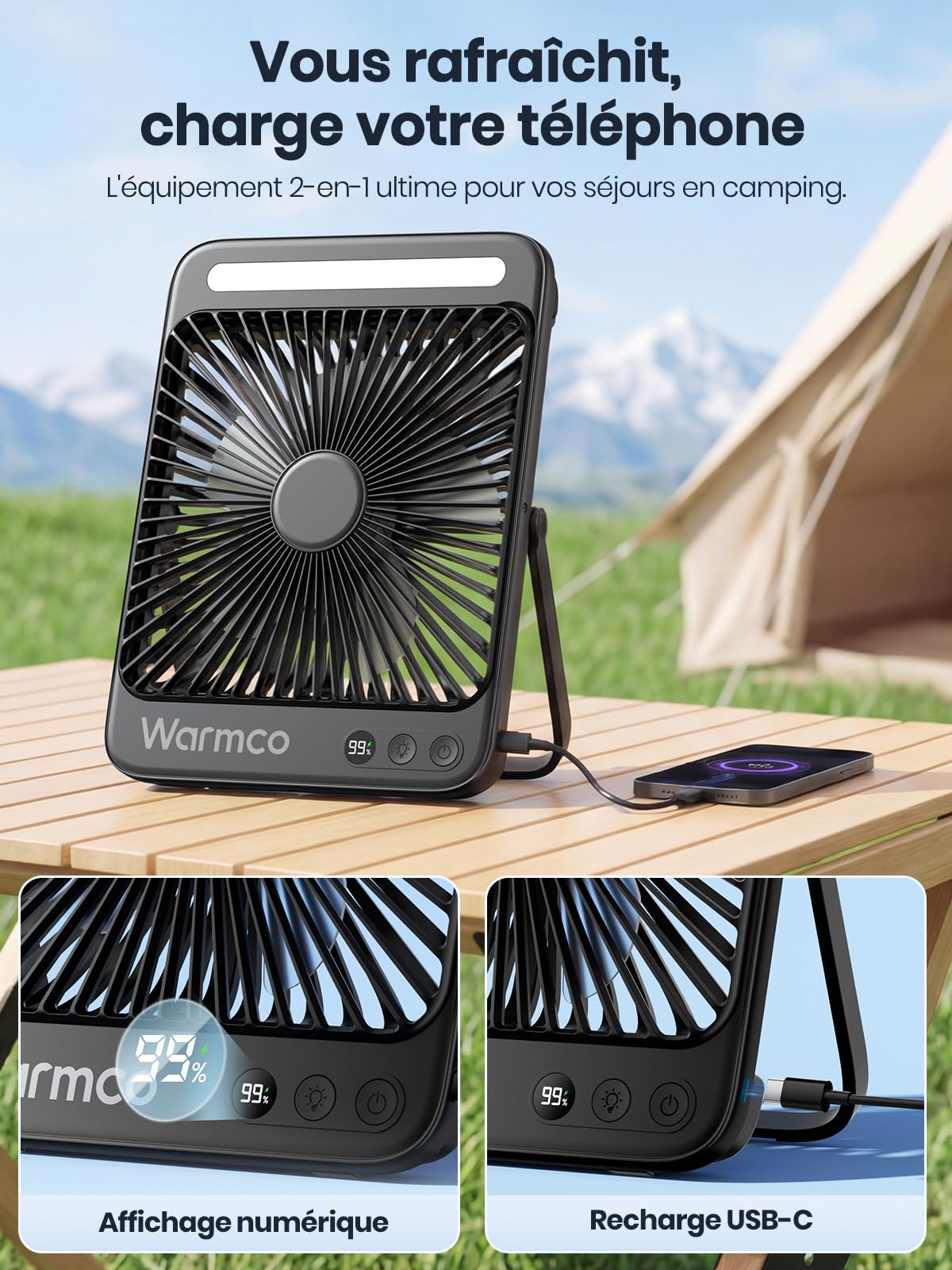 Warmco D4 Ventilateur Camping Rechargeable 20000mAh, Jusqu’à 48 h | Ultra-Mince, Lumière LED, Crochets, Ventilateur Rechargeable Pour Camping, Croisière, Extérieur, Chambre