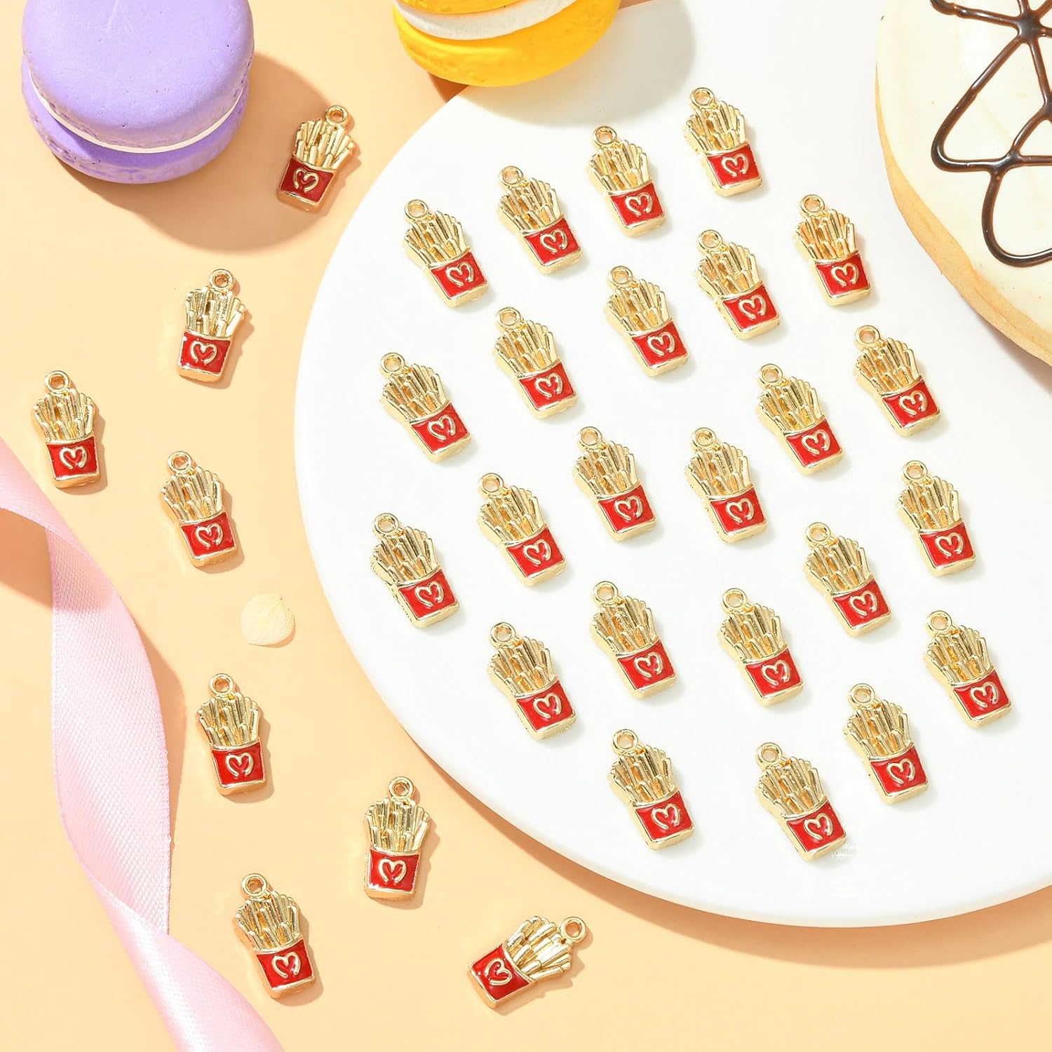LiQunSweet 80 Pcs Food Charms with Red Box Enamel Golden Potato Strip French Fries Chips Charms for Jewelry Making