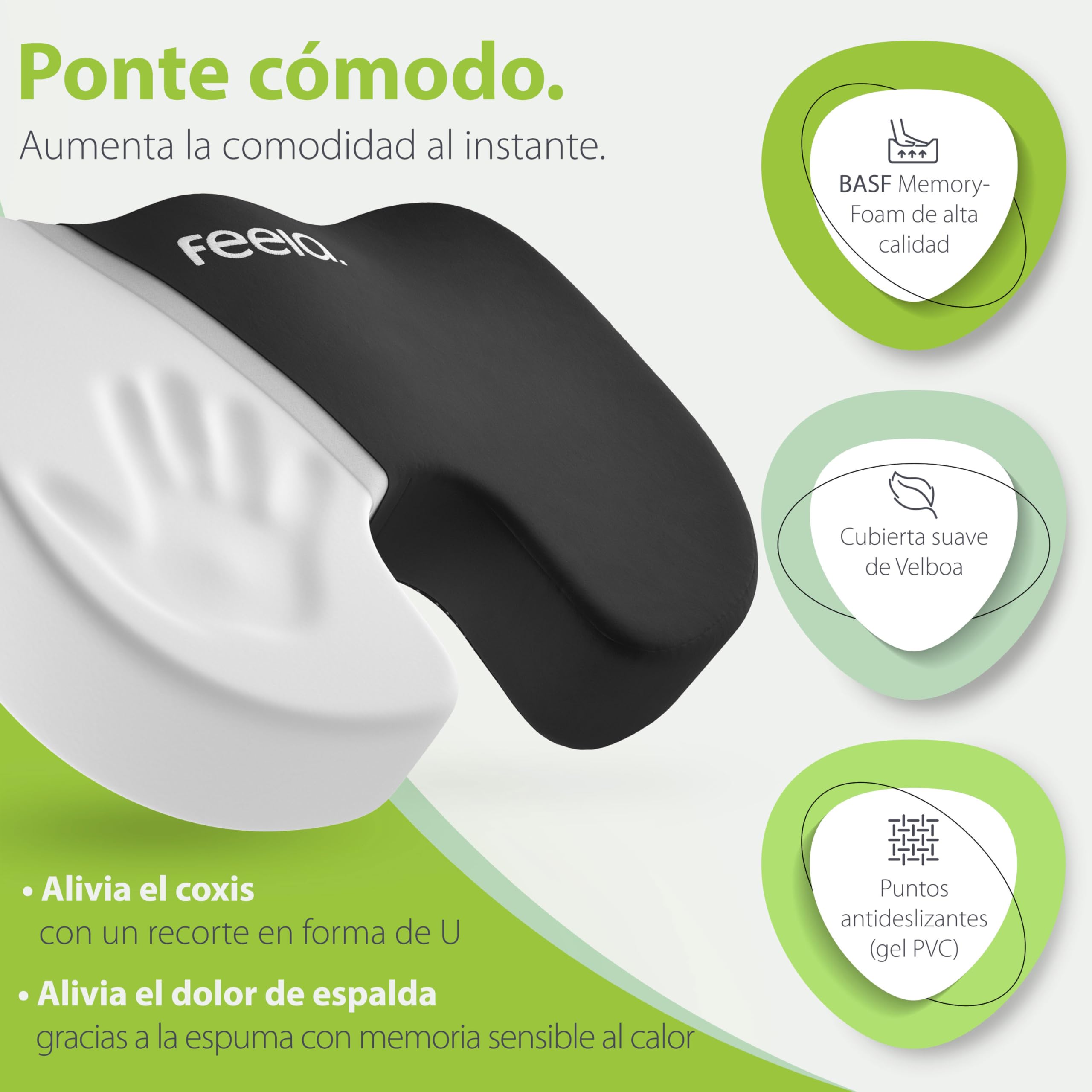 feela.® Cojín ortopédico [3 grados de dureza] Ganador de la prueba, cojín ergonómico para silla de oficina y coche, alivia el dolor, alivia el coxis, promueve la comodidad del asiento y la circulación