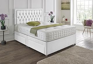 SANA SLEEP Designer Damask Memory Foam Divan Bed Set With Mattress, 2 Drawers (Same Side) and Headboard 4FT6 Double - Damask White