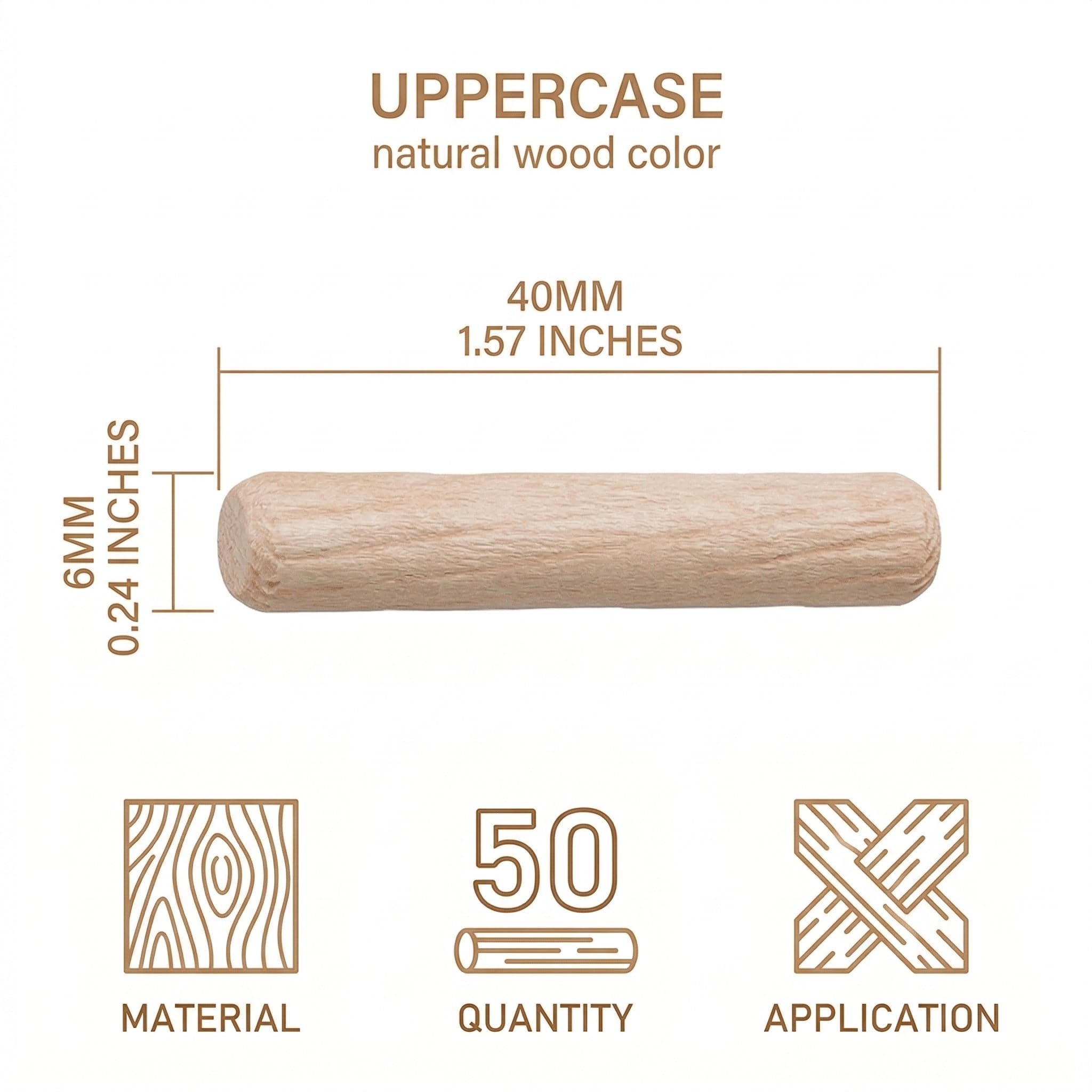 Legno Tasselli 50 Pezzi Rotondi Scanalati M6X40Mm, Perni Di Riferimento Per Cassetto Armadio Artigianale, Colore Naturale