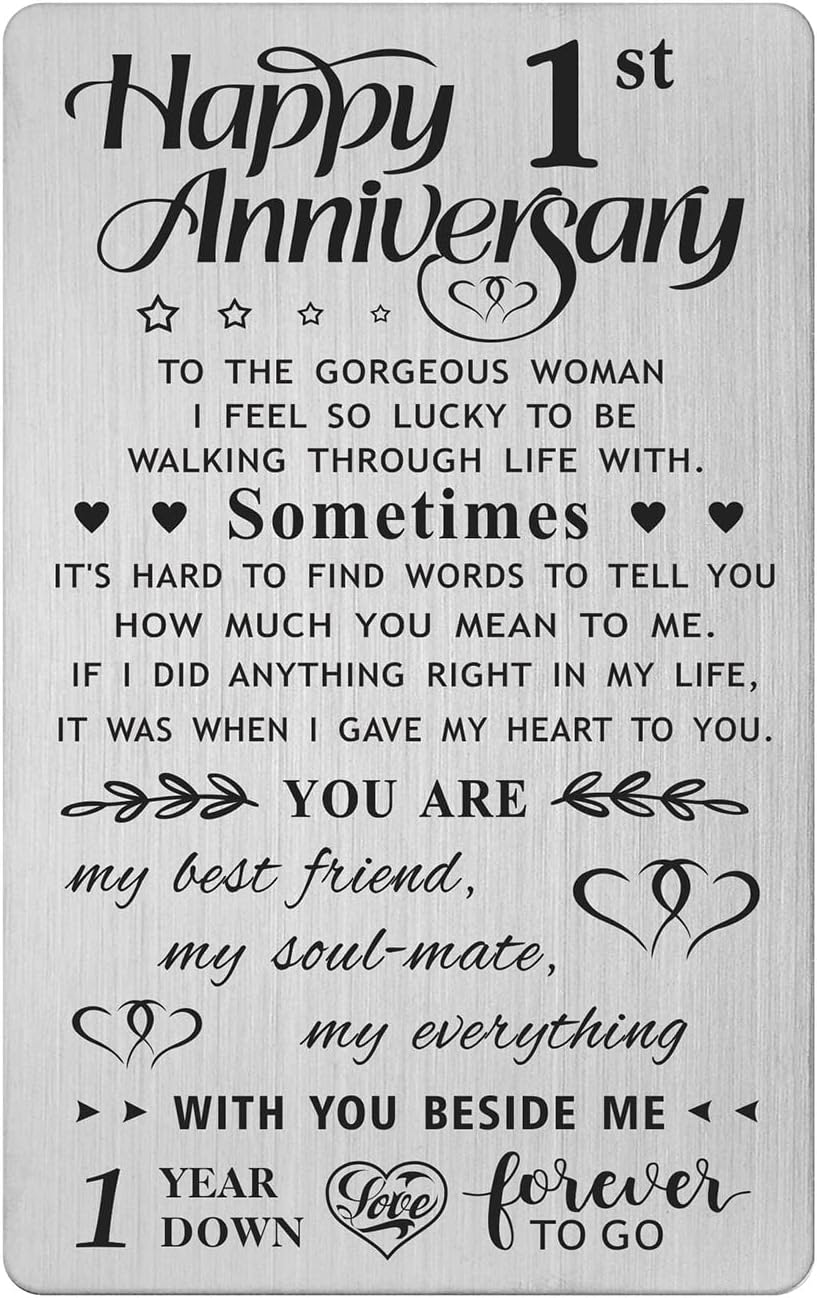 FALOGI 1st Anniversary Card Gifts for Her, Happy 1 Year First Anniversary Card for Wife, Metal Engraved Wallet Card