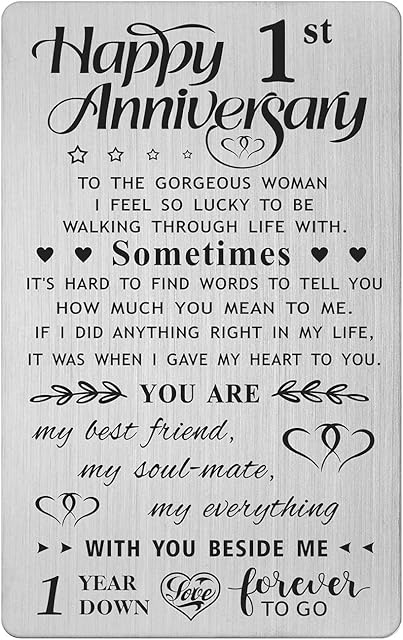 FALOGI 1st Anniversary Card Gifts for Her, Happy 1 Year First Anniversary Card for Wife, Metal Engraved Wallet Card