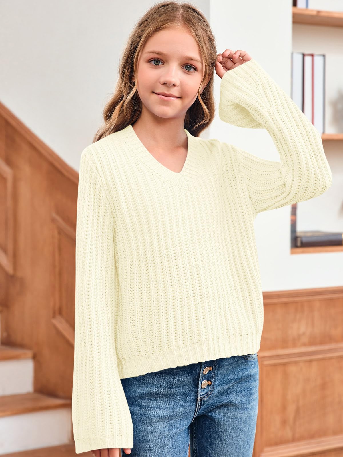 Haloumoning Maglione da Ragazza, con Scollo a V, Leggero, per Bambini, in Tinta Unita, a Maniche Lunghe, Lavorato a Maglia
