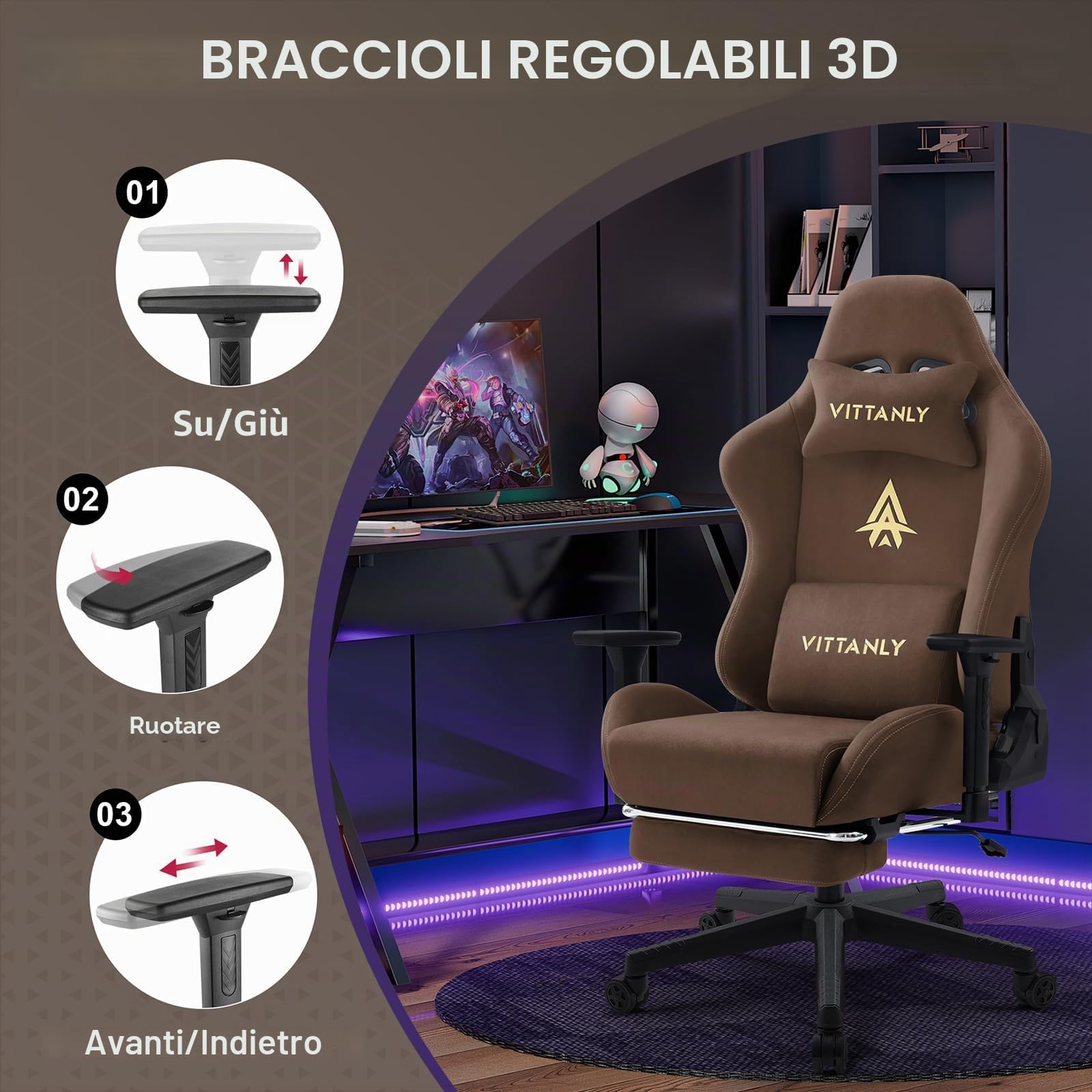 Vittanly Sedia da gaming, lussuosa e traspirante, in finta pelle scamosciata, da ufficio, da gaming, ergonomica, con poggiapiedi e cuscino lombare, braccioli 3D, schienale 90-155°, marrone