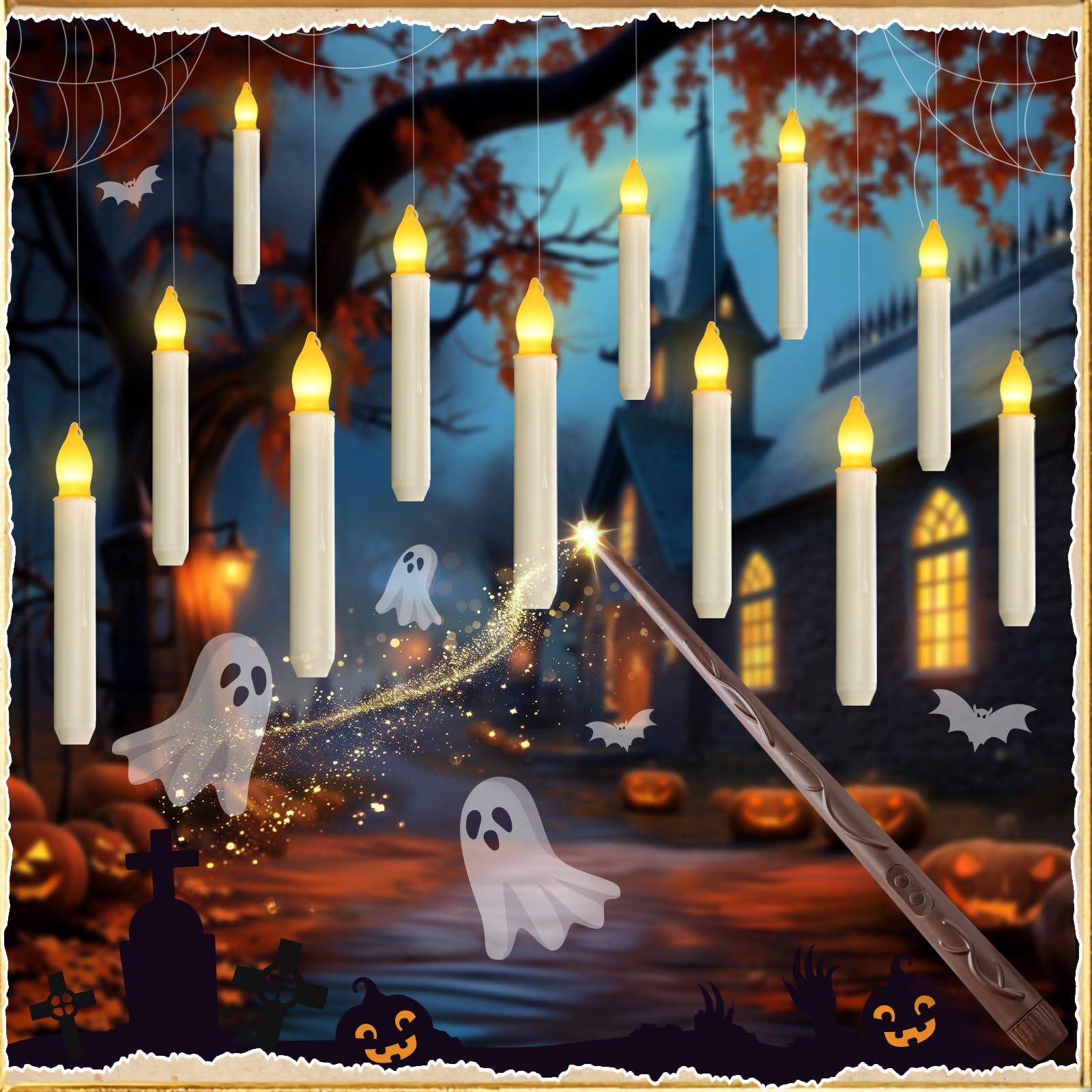 Floating Candle with Wand Remote, 12 Pcs Magical Candlesticks Witch Decors, Warm Yellow Flameless Taper Candles Battery Operated, LED Window Candle for Halloween Party Decor