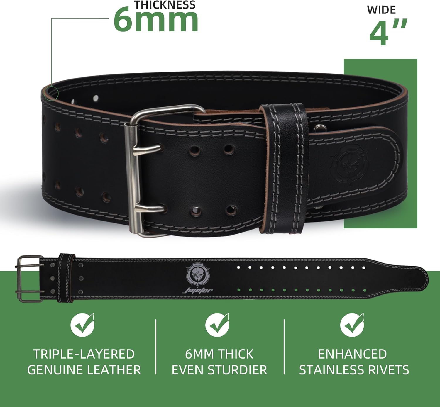 Weight lifting Belt (6mm Thick) - Genuine leather, offering back support. Double-pronged buckle, ideal for weightlifting, powerlifting, squats and deadlifts - Image 2