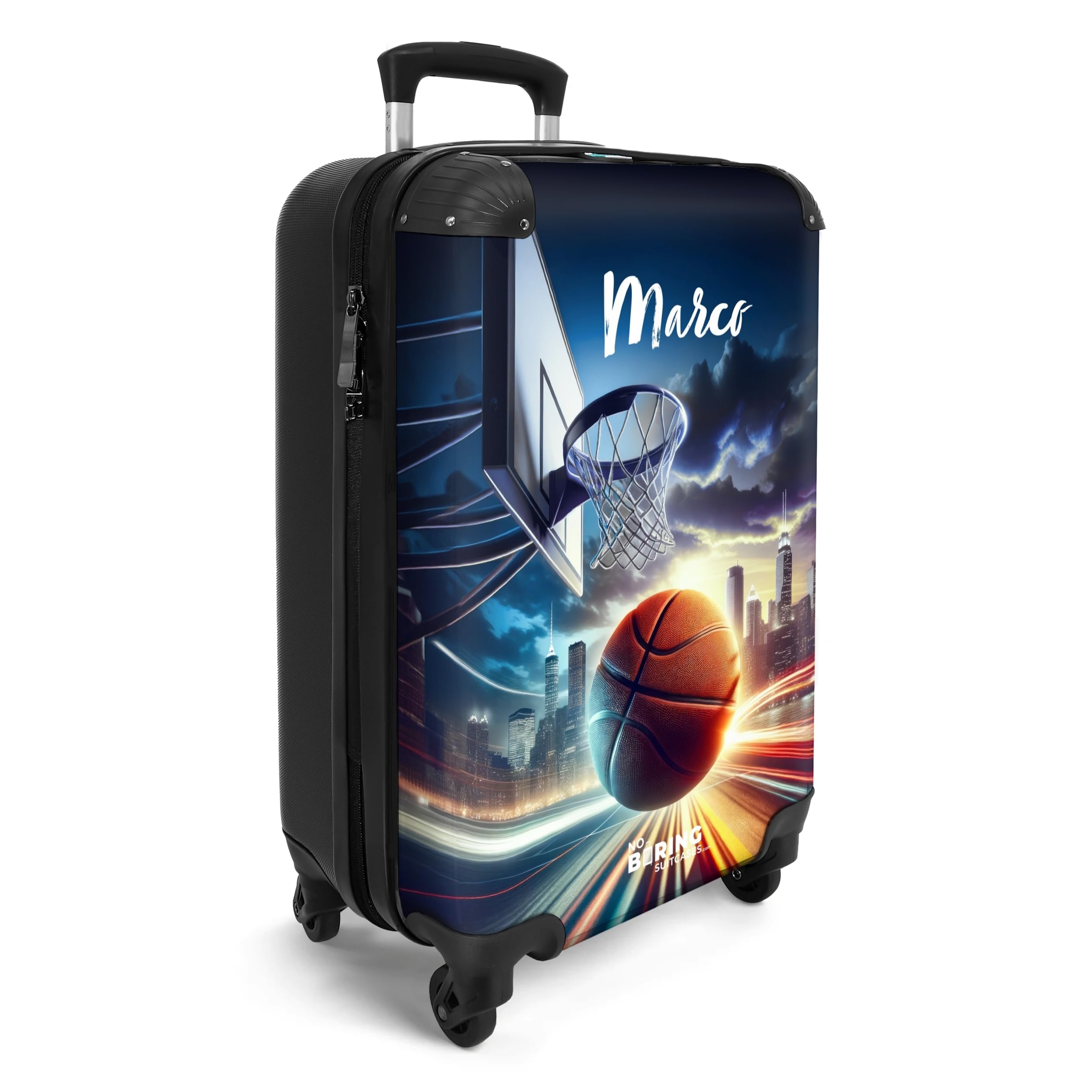 NoBoringSuitcases.com Valigia Trolley Personalizzabile per Bambini, 55x40x20 cm (Basket-ball - Blu Scuro)