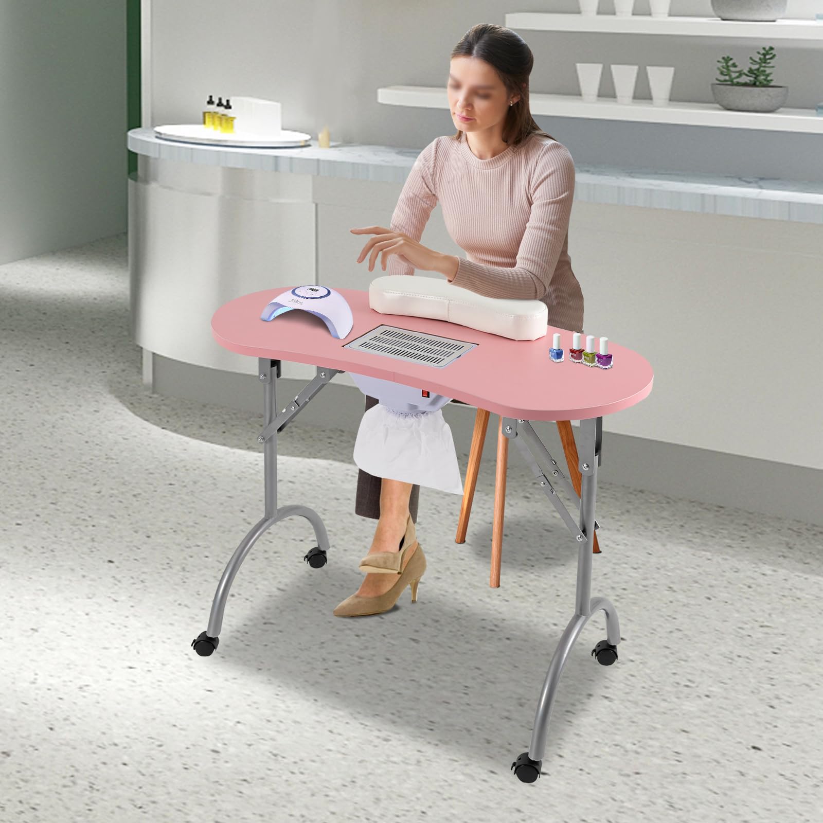 Tavolo per manicure con aspirazione, pieghevole, ampio piano di lavoro (35,43 x 15,75 pollici), aspirapolvere integrato, griglia di sicurezza, sacchetti per aspirapolvere