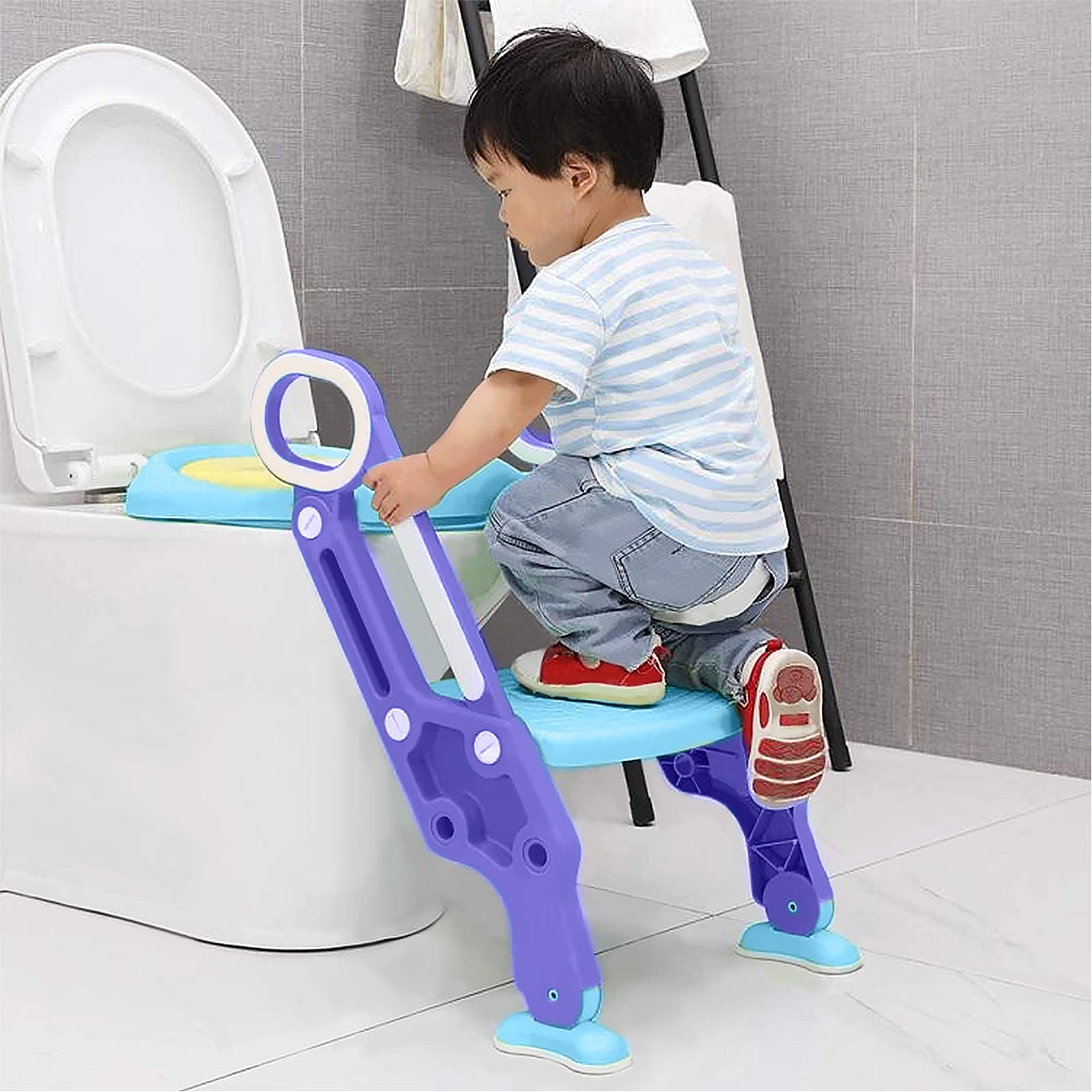 ACXIN Sedile WC per bambini con scale, vasino pieghevole, addestratore per WC regolabile con cuscino in poliuretano e maniglia, vasino per bambini, blu e viola