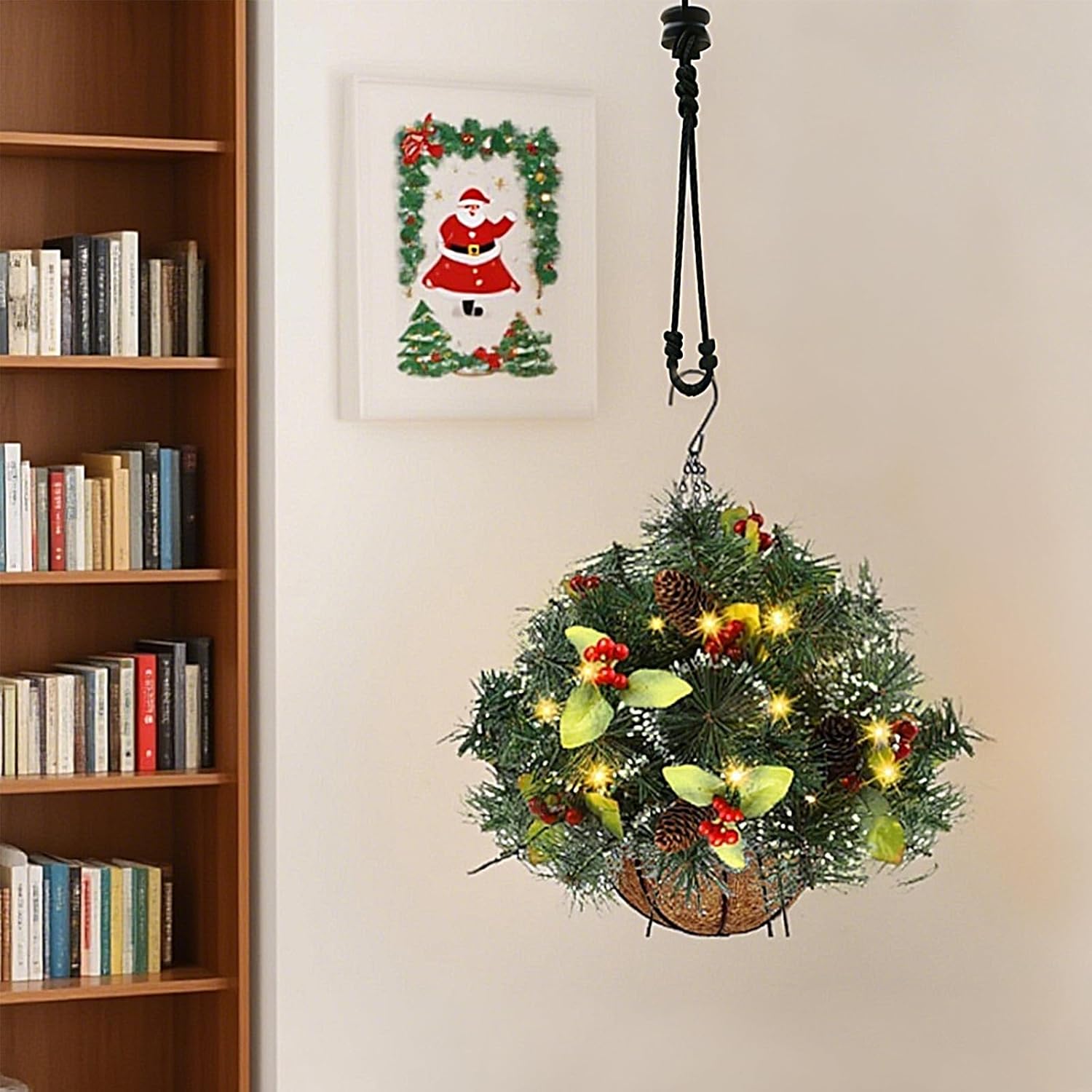 Christmas Hanging Basket, 17-inch Artificial Christmas Tree, Decorated with Frosted Pine Cones and Berry Strings, 8 Lighting Modes and Timer, Suitable for Garden and Yard Christmas Decoration